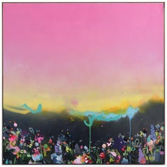 Midnight Meadows - Colorido Paisaje de Técnica Mixta Flores Obra de Arte Textural