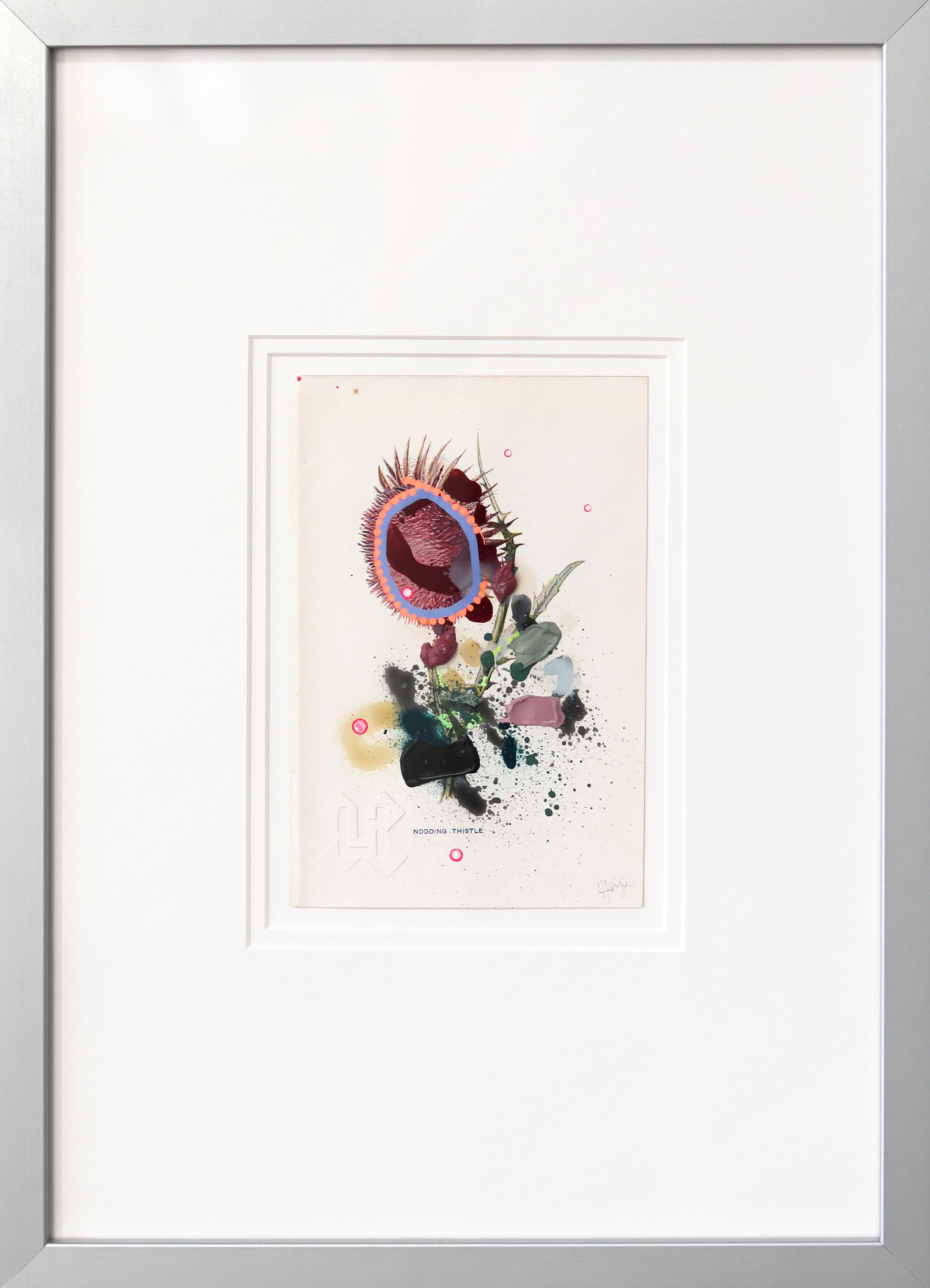 Lee Herring Still-Life Painting - Nodding Thistle - Abstract Framed Floral Artwork on Antique Botanical Book Page