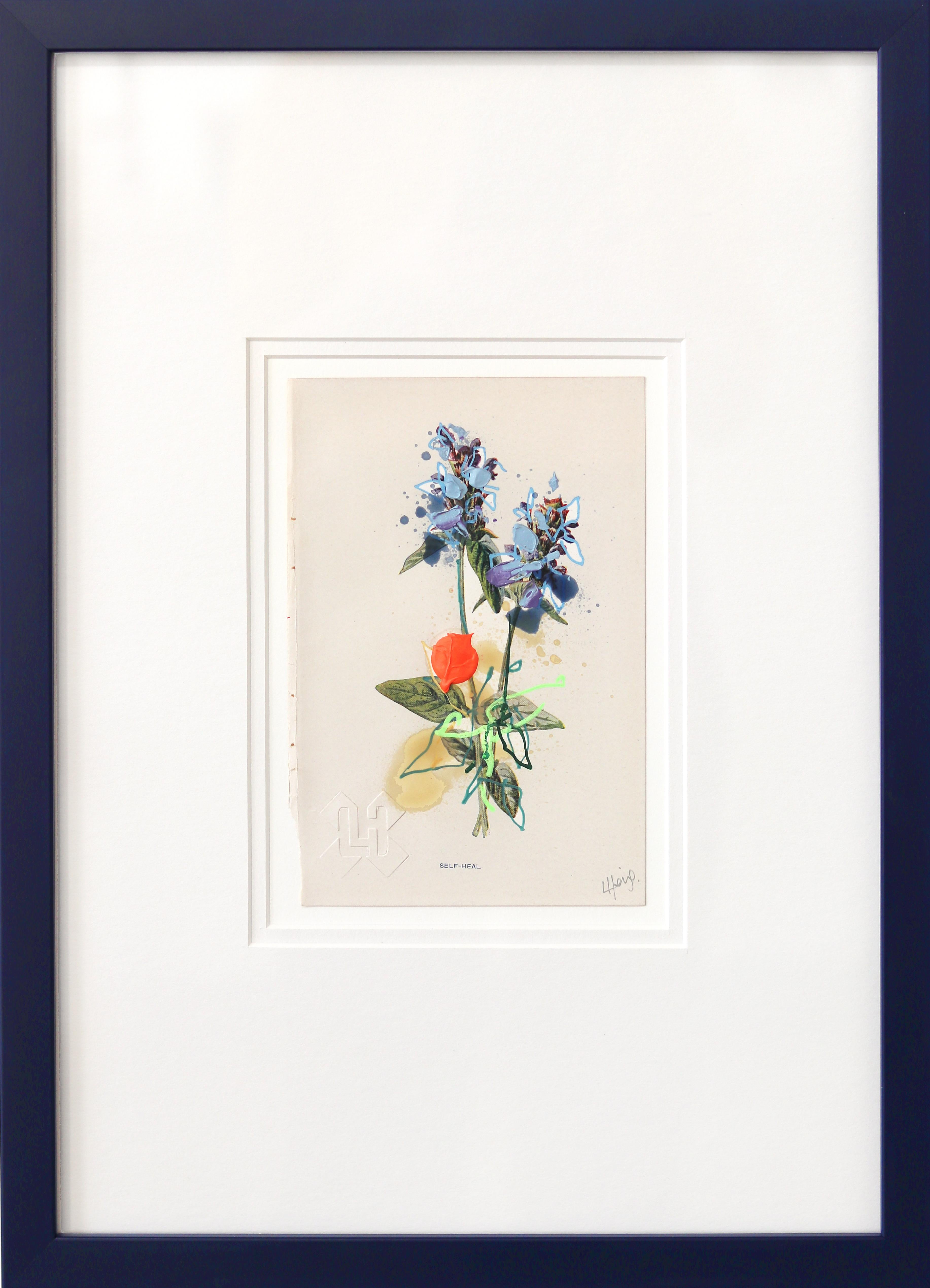 Self Heal - Original Framed Floral Artwork on Antique Botanical Book Page
