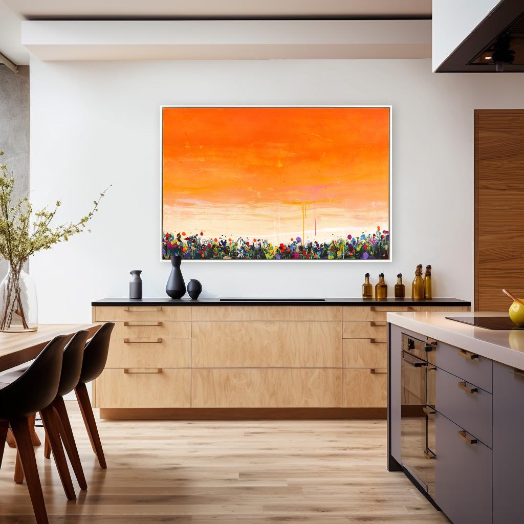 Puesta de sol de los sueños - Obra de arte grande enmarcada en técnica mixta naranja vibrante con paisaje - Painting Impresionista abstracto de Lee Herring