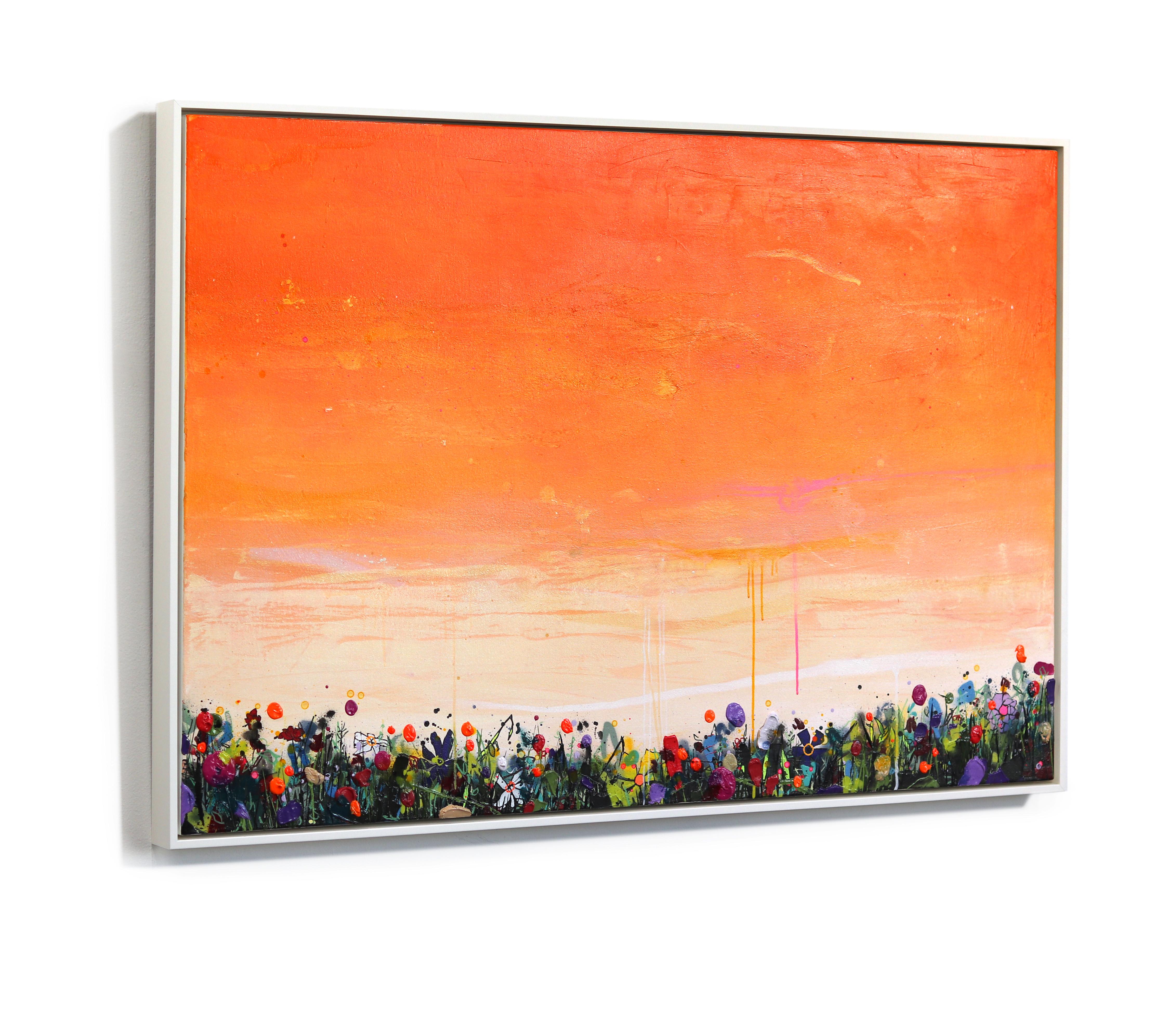 Puesta de sol de los sueños - Obra de arte grande enmarcada en técnica mixta naranja vibrante con paisaje - Painting de Lee Herring