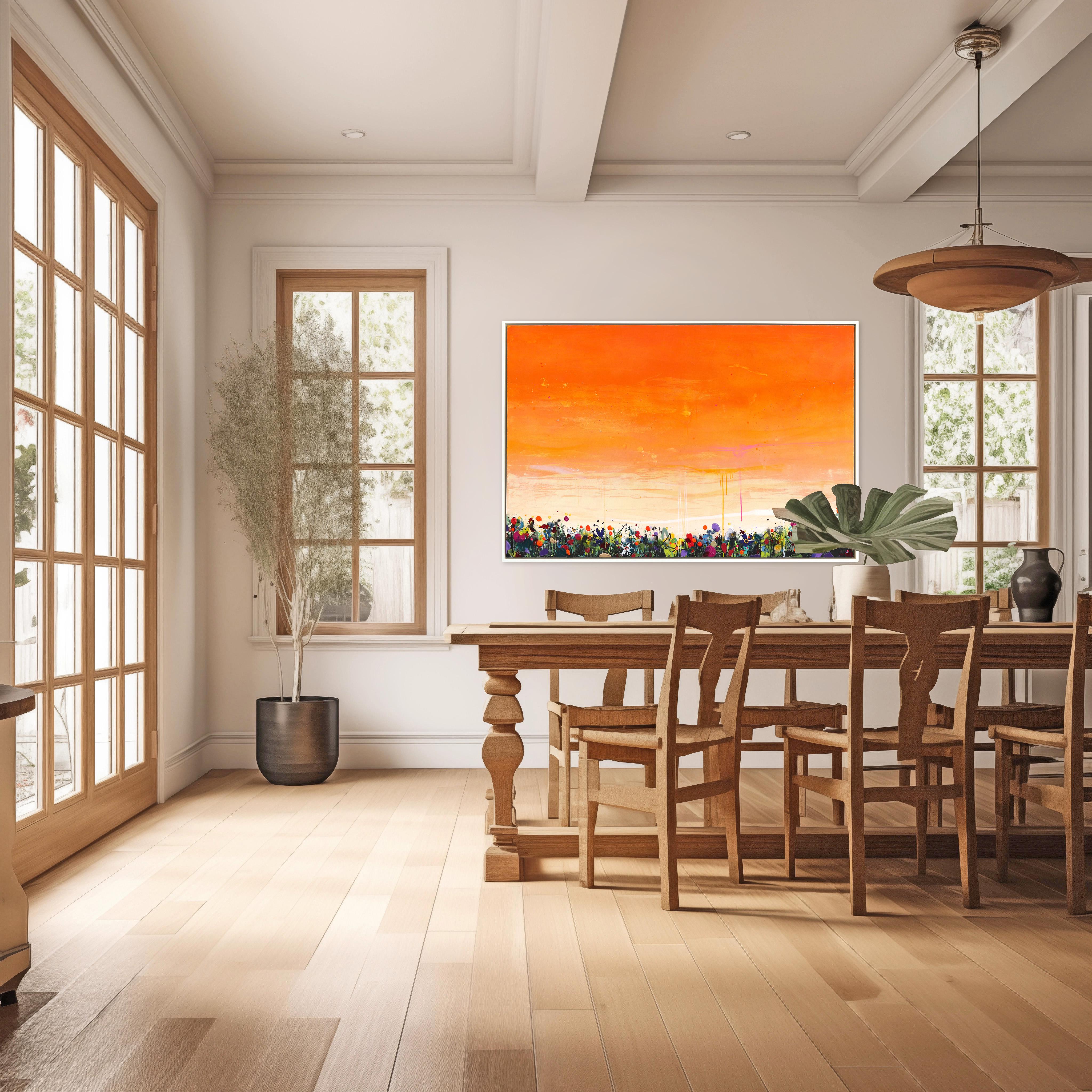 Puesta de sol de los sueños - Obra de arte grande enmarcada en técnica mixta naranja vibrante con paisaje en venta 1