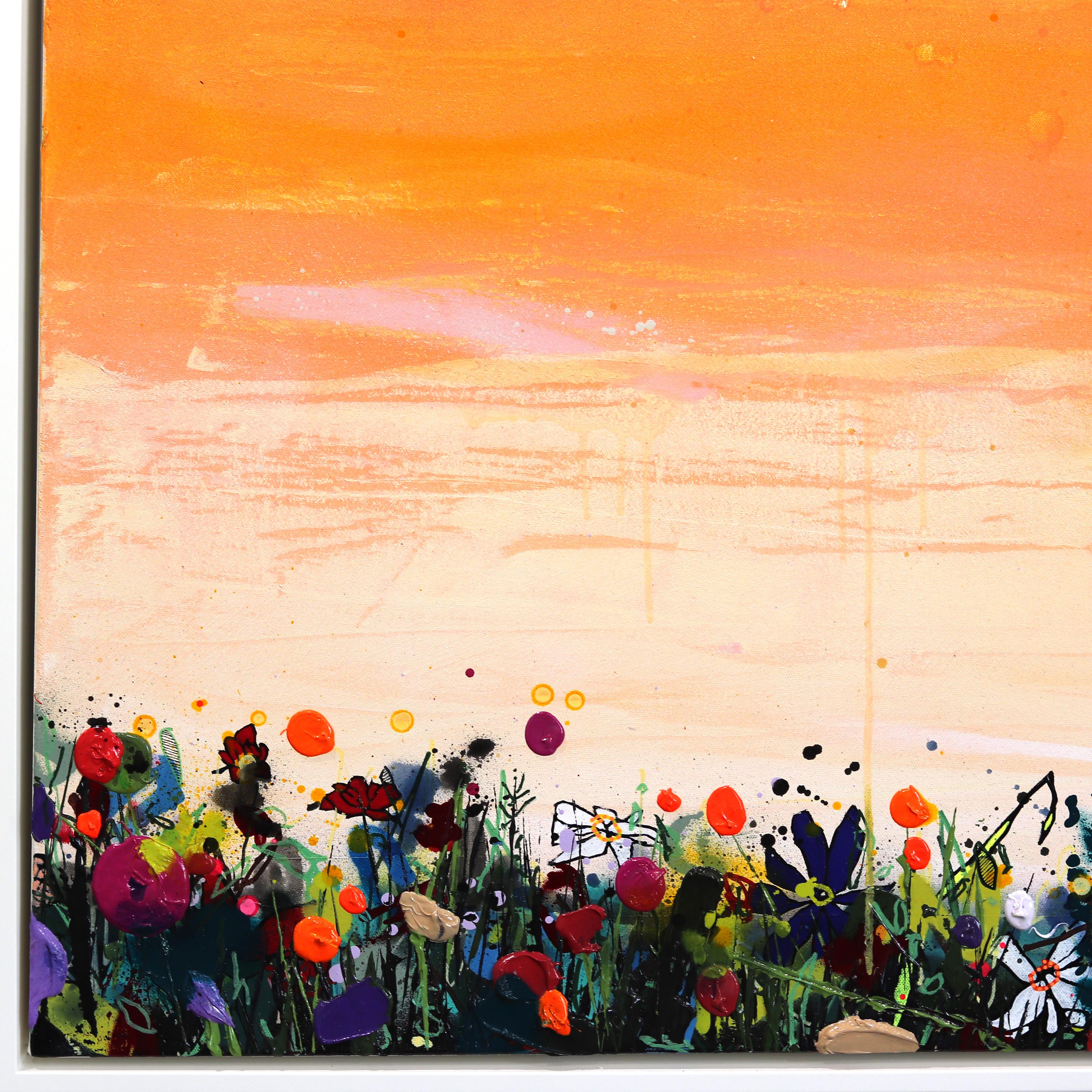 Puesta de sol de los sueños - Obra de arte grande enmarcada en técnica mixta naranja vibrante con paisaje en venta 3