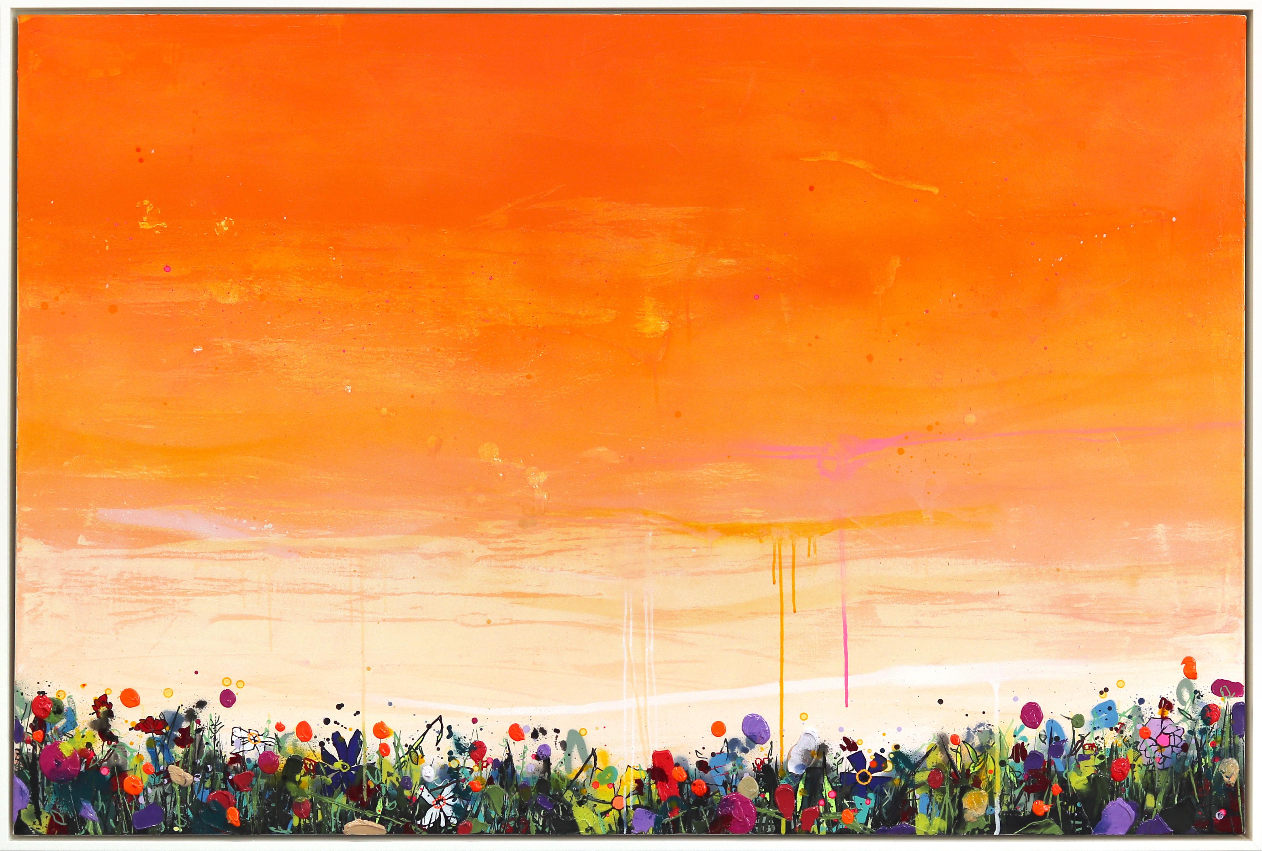 Puesta de sol de los sueños - Obra de arte grande enmarcada en técnica mixta naranja vibrante con paisaje