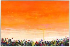 Puesta de sol de los sueños - Obra de arte grande enmarcada en técnica mixta naranja vibrante con paisaje