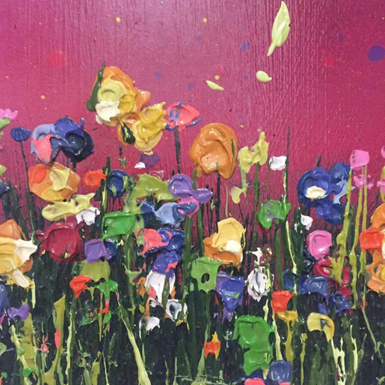 Magenta Glow, Colourful painting, abstract painting , pink, yellow, green meadow - Painting by Lee Herring