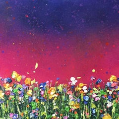 Magenta Glow, Colourful painting, abstract painting , pink, yellow, green meadow
