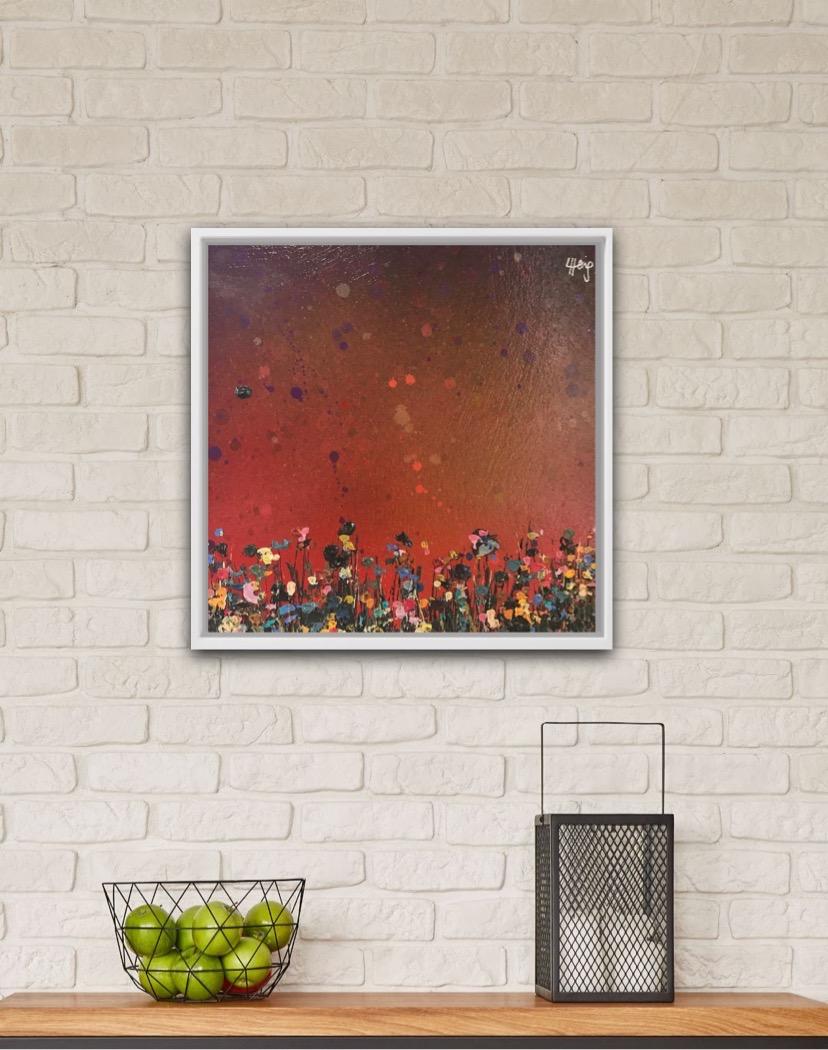 Lee Herring
Purple Sunfall
Original Mixed Media Painting of Spray Paint, Oil, Varnishes, Acrylic on a Wooden Panel 
Image size: H 22 x W 22cm
Frame size: H 37 x W 37cm
(Please note that in situ images are purely an indication of how a piece may