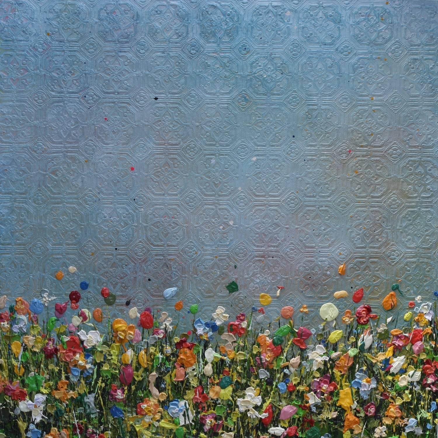 Lee Herring Landscape Painting - Textured Light, abstract painting of flowers in a meadow, colourful painting