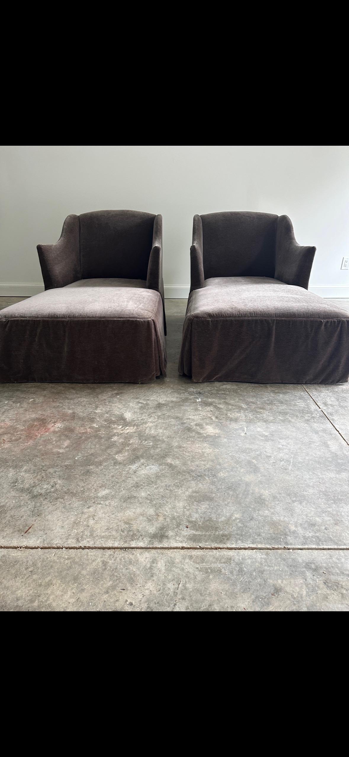Two available: Lee Industries Chaise Lounge in Everest Monk velvet. Installed briefly on a design project. In excellent condition with minimal, if any signs of wear. Each features three down-filled zippered pillows.

Dimensions are as