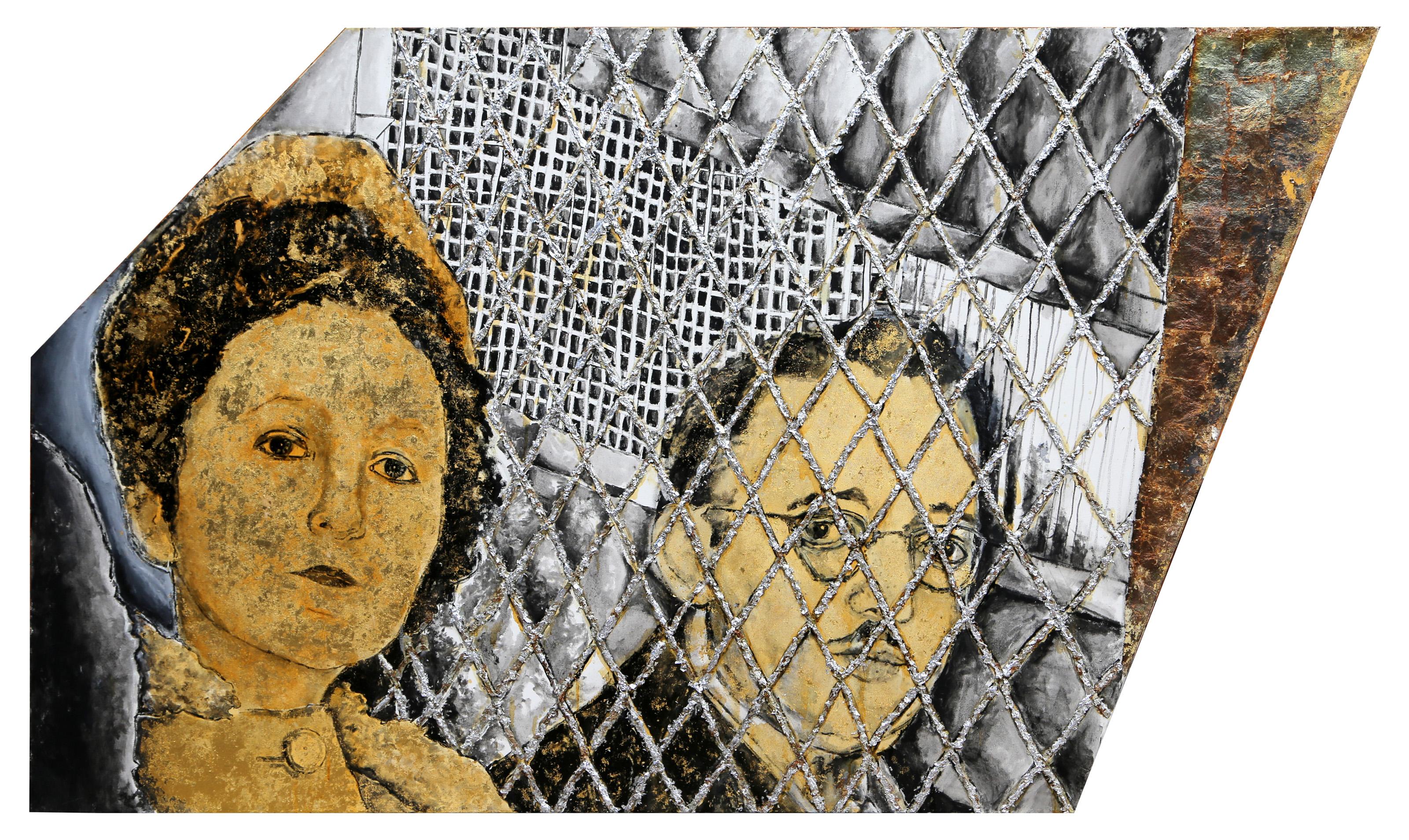 Eclipse/Porträt von Ethel und Julius Rosenberg, Mixed Media auf Leinwand von Lee Jaffe im Angebot 2
