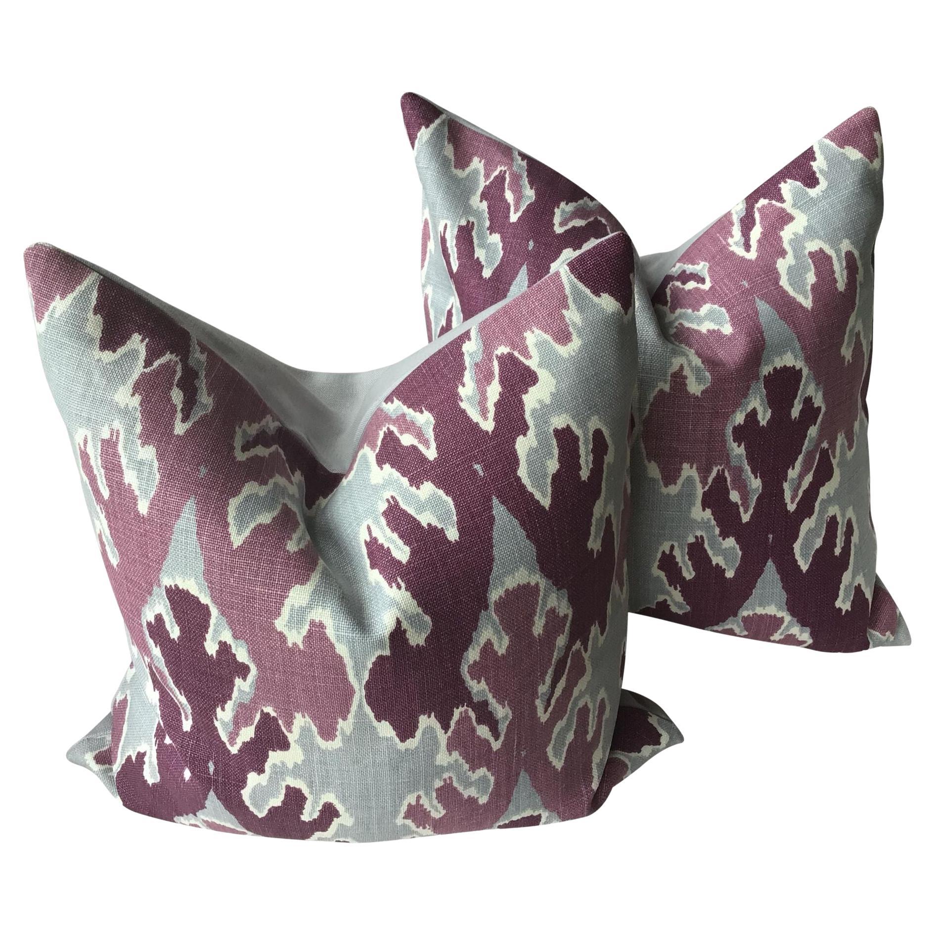 Lee Jofa Bengal Bazaar Magenta and Gray Down Filled Pillows - a Pair For Sale