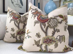 Lee Jofa "Cambria Crewel" in Plum/Moss 22" Down-Filled Pillows - a Pair