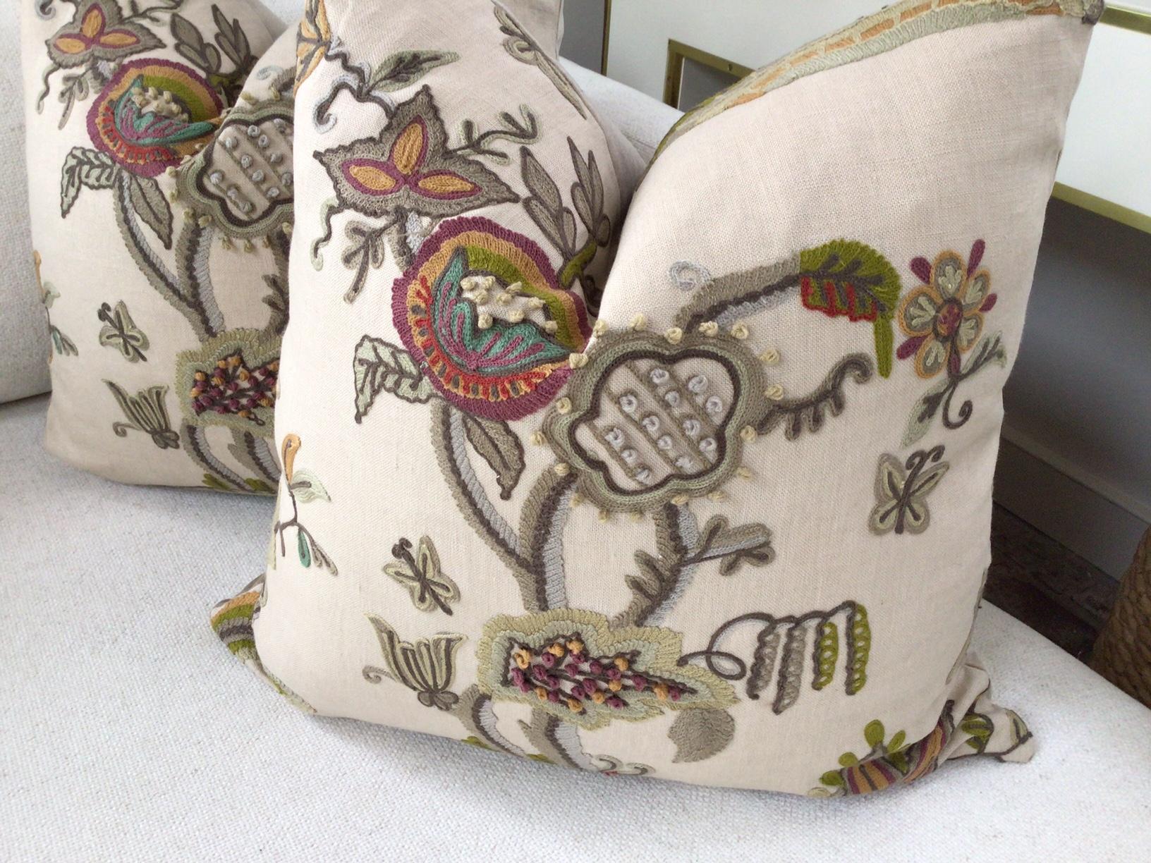 botanical crewel pillow cover