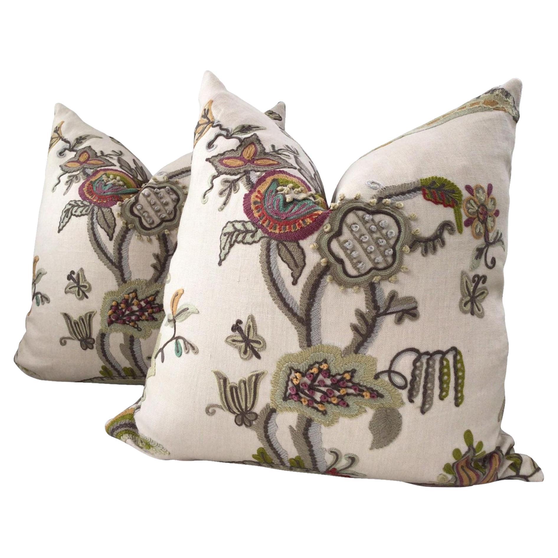 Lee Jofa "Cambria Crewel" in Plum and Moss Pillows - a Pair For Sale
