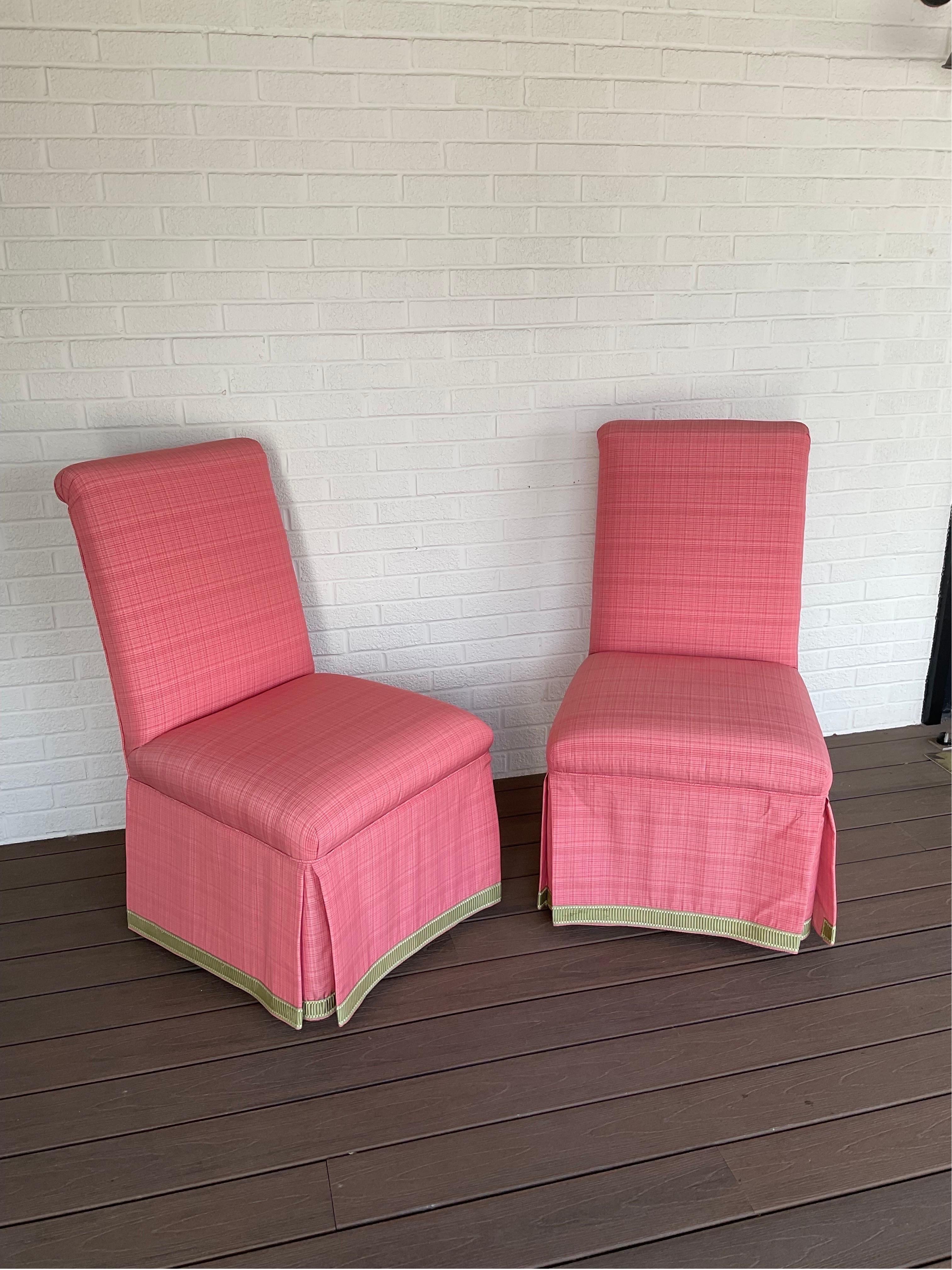 Brilliant pair of Custom made parsons chairs in a peachy salmon Lee Jofa fine plaid with a contrasting celery green trim on the shirt. These are beautiful and pristine.


Condition Disclosure:
Please understand nearly all of our inventory is