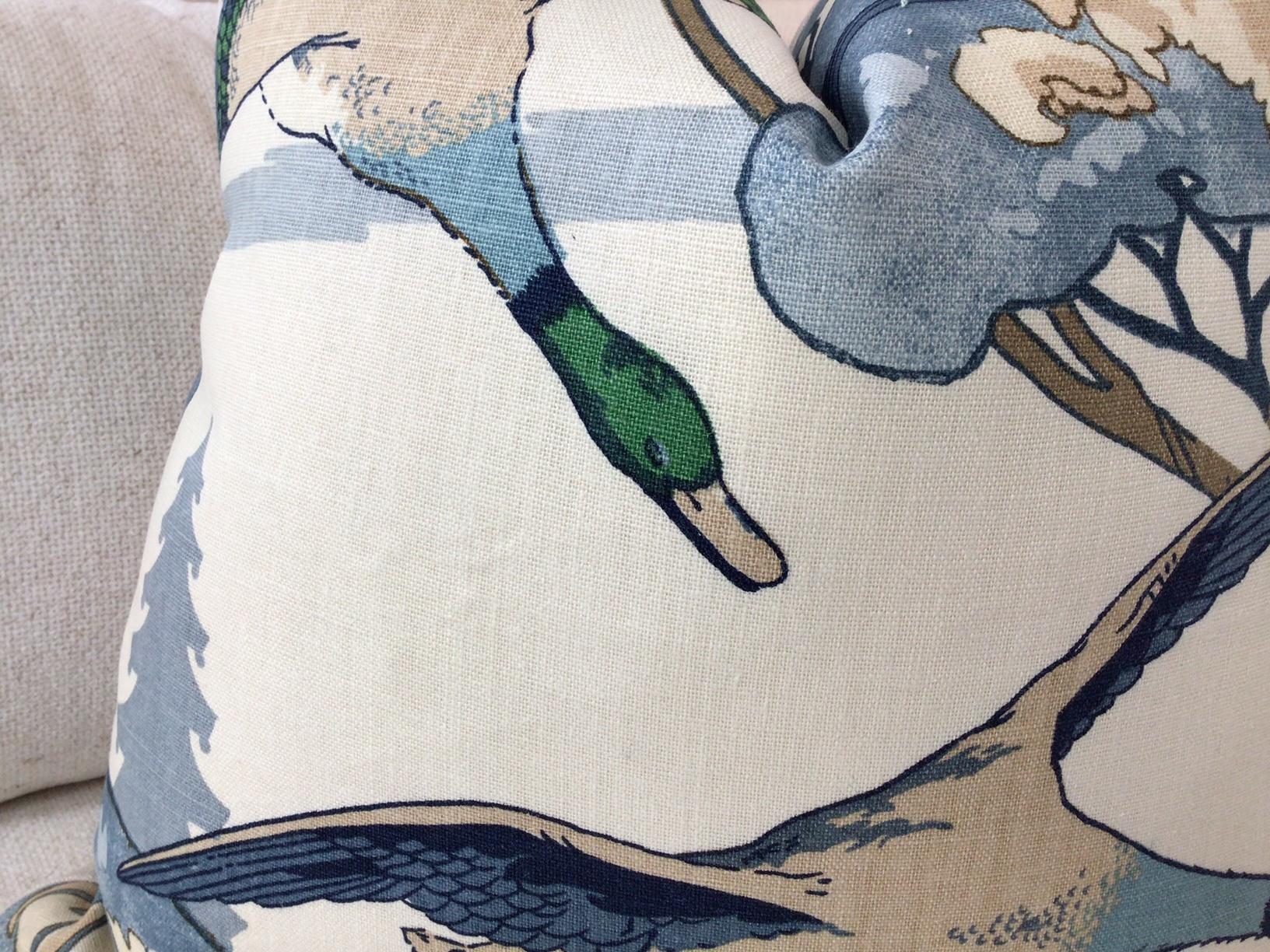 BEAUTIFUL and reminiscent of an English country Manor home, Lee Jofa's “Flying Ducks” is a lovely pattern from Mulberry and features ducks in flight in rich colors of light and dark blue, brilliant Kelly green, a soft and deep tan. This exquisite