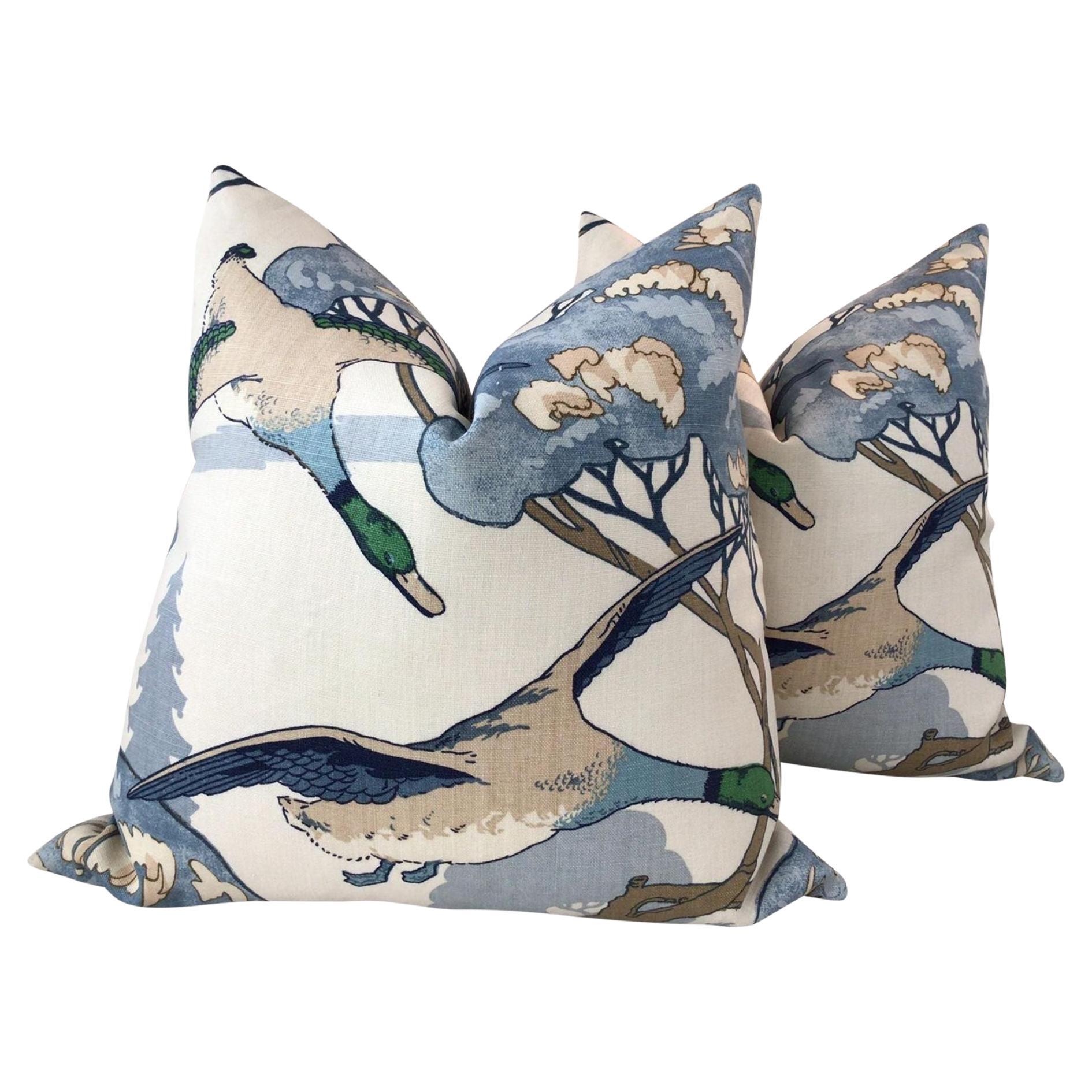 Lee Jofa “Flying Ducks in Blue Pillows- a Pair For Sale