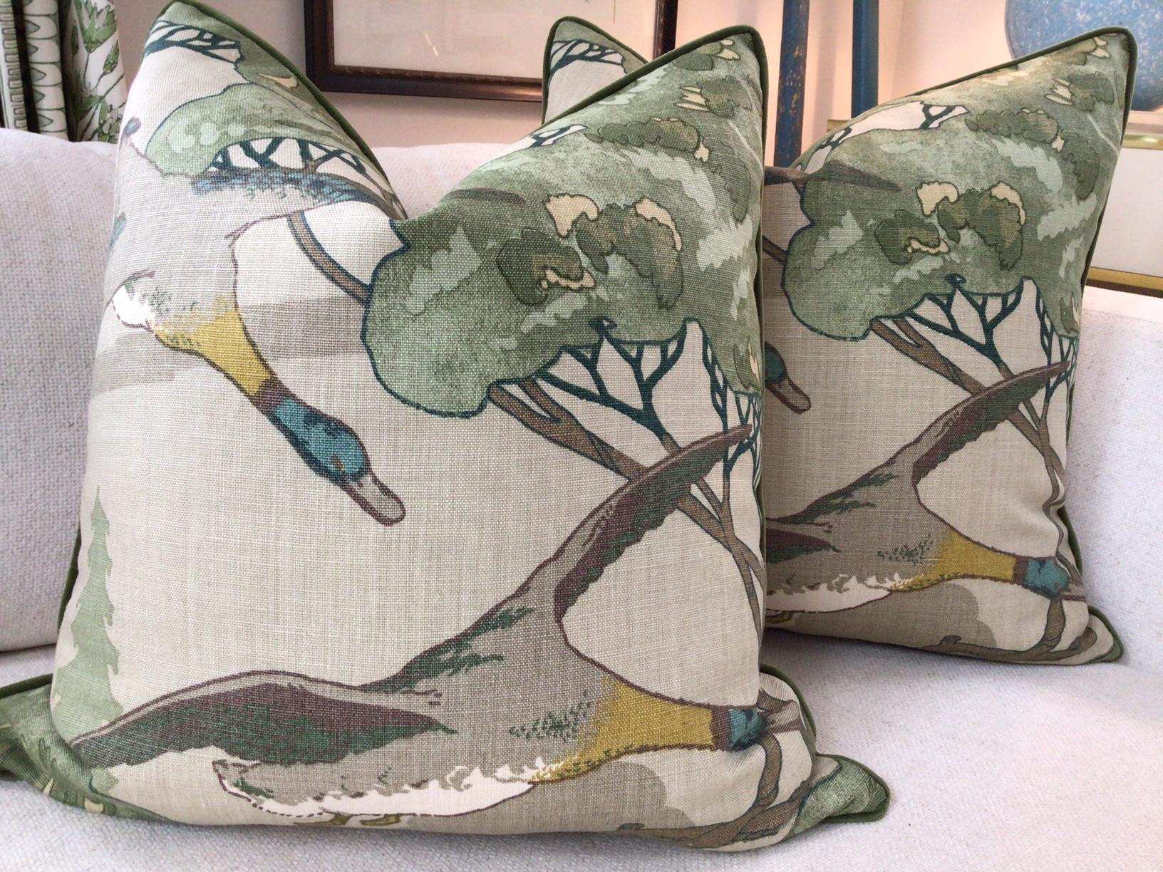 American Lee Jofa “Flying Ducks in Emerald Pillows- a Pair For Sale