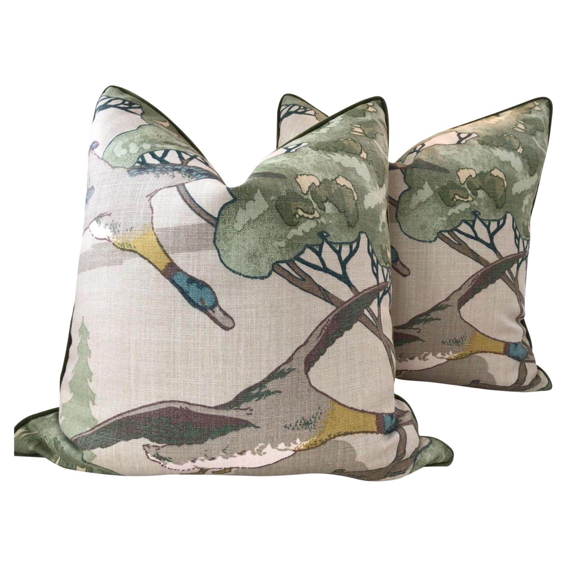 Lee Jofa “Flying Ducks in Emerald Pillows- a Pair For Sale