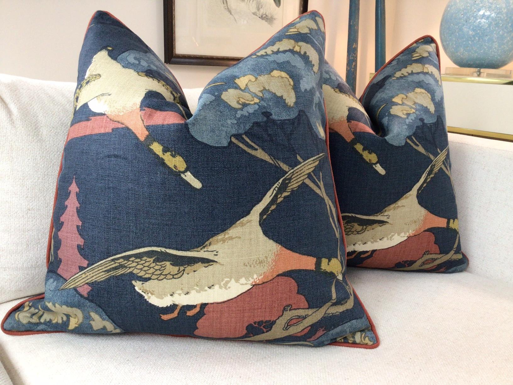 BEAUTIFUL and reminiscent of an English country Manor home, Lee Jofa's “Flying Ducks” is a lovely pattern from Mulberry and features ducks in flight in rich colors of khaki- tan, coral orange, gold, and paprika and paprika cord. This exquisite scene