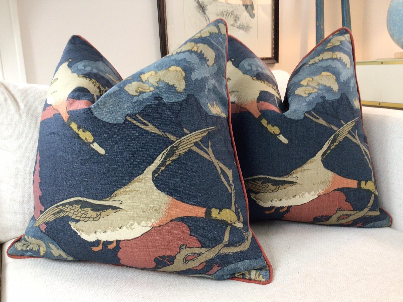 American Lee Jofa “Flying Ducks in Red and Blue Pillows- a Pair For Sale