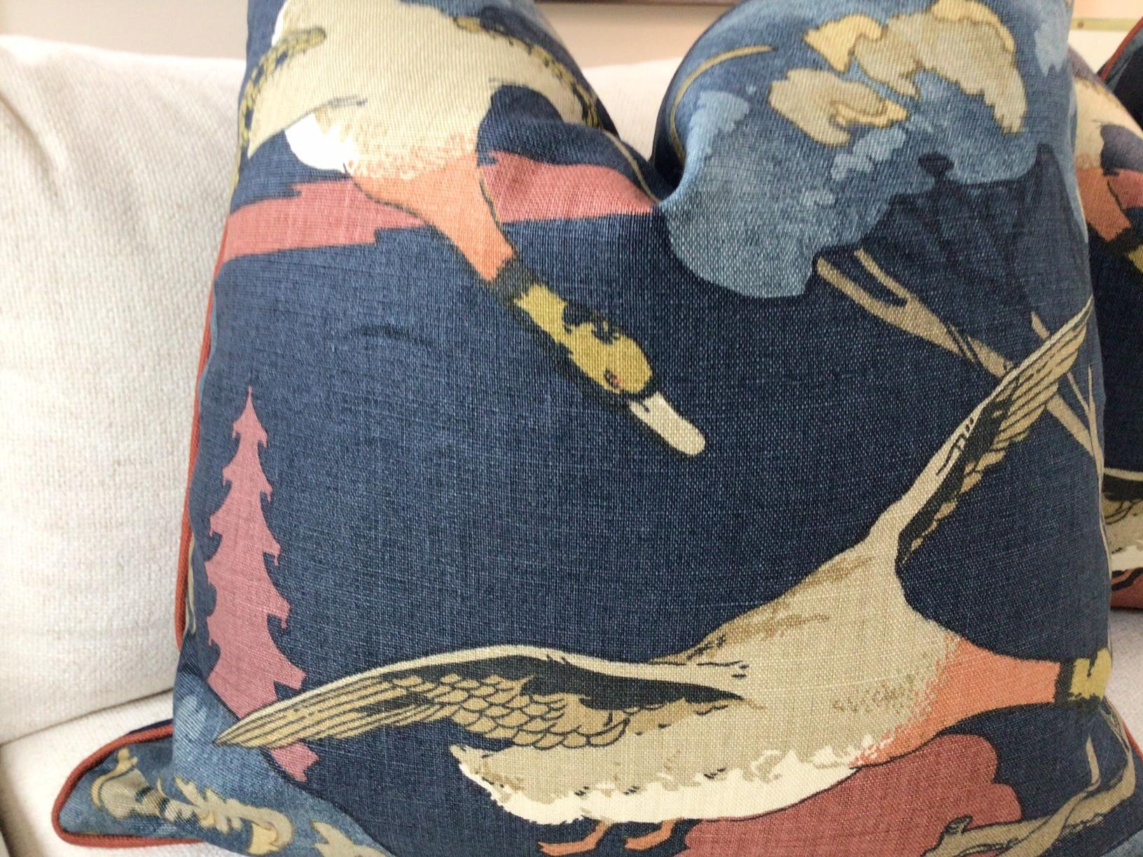 Lee Jofa “Flying Ducks in Red and Blue Pillows- a Pair In New Condition For Sale In Winder, GA
