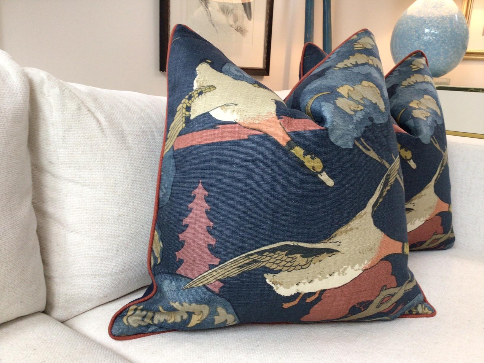 Contemporary Lee Jofa “Flying Ducks in Red and Blue Pillows- a Pair For Sale