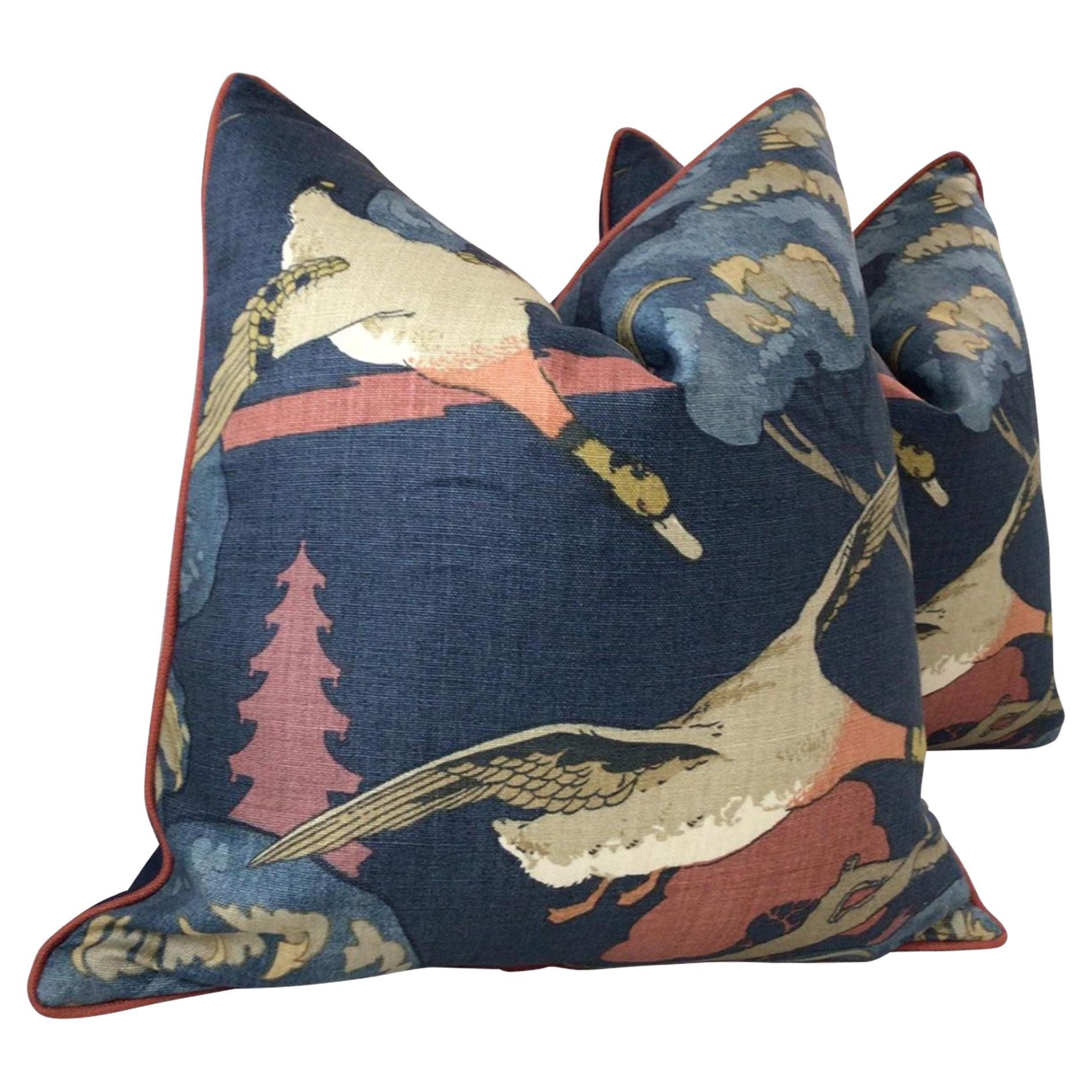 Lee Jofa “Flying Ducks in Red and Blue Pillows- a Pair For Sale
