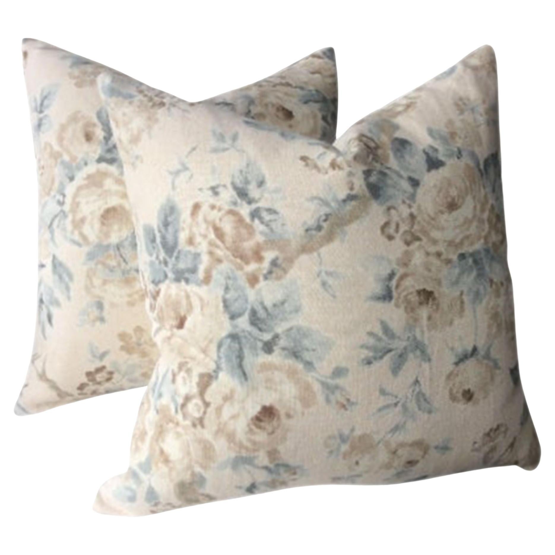 Lee Jofa "Garden Roses" in Aqua and Beige-Pillows- a Pair For Sale