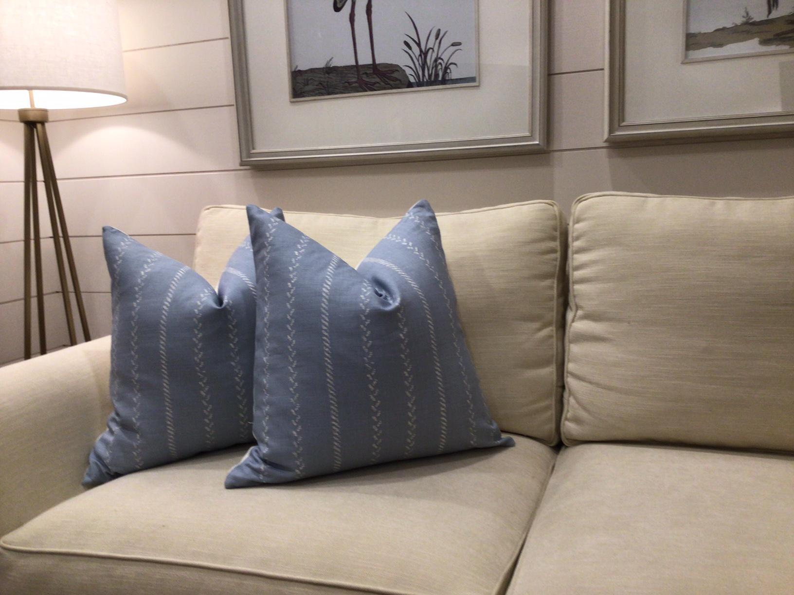 American Lee Jofa “Pelham Stripe” in Soft Blue & White Pillows- a Pair For Sale