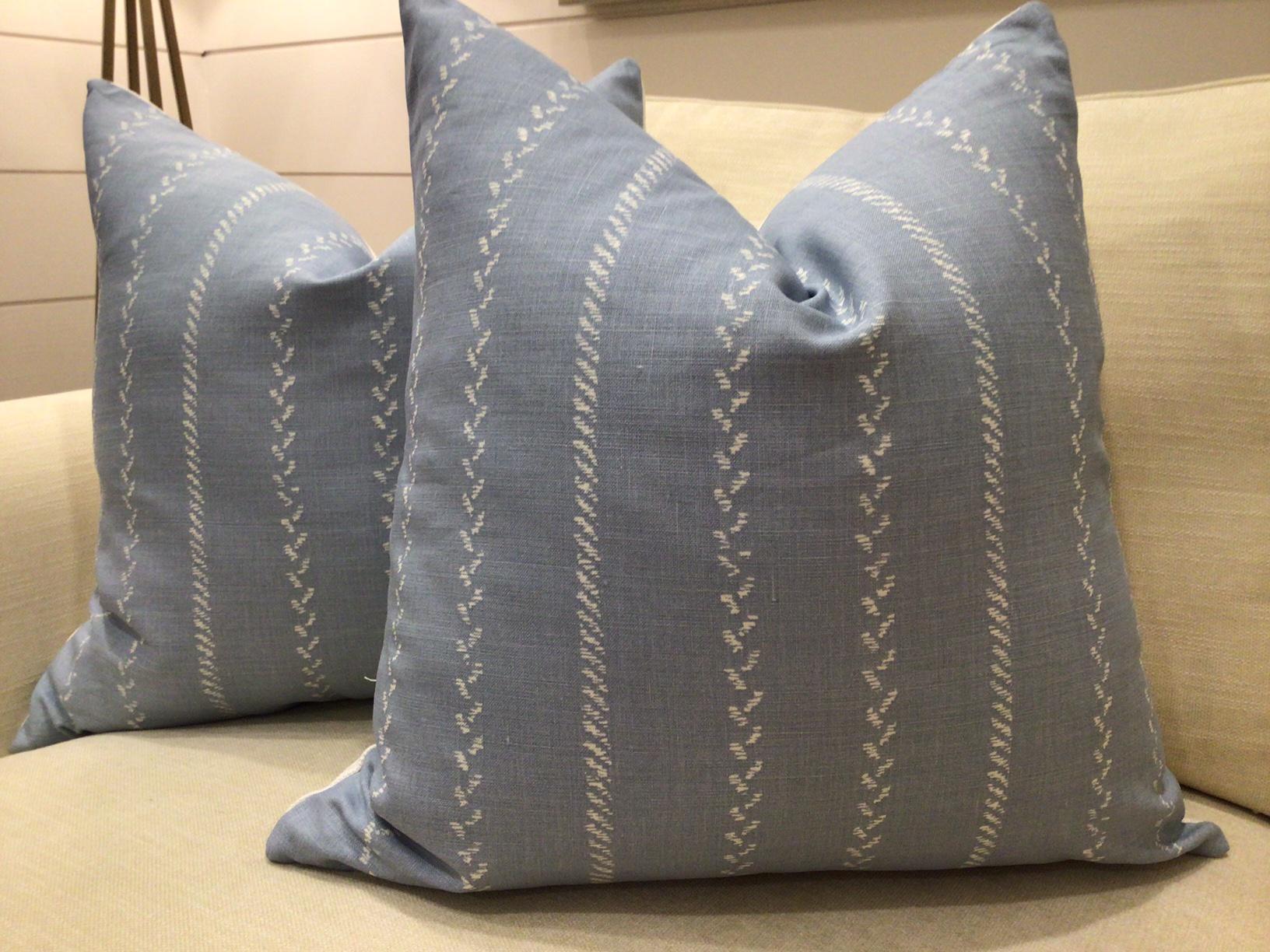 Lee Jofa “Pelham Stripe” in Soft Blue & White Pillows- a Pair In New Condition For Sale In Winder, GA
