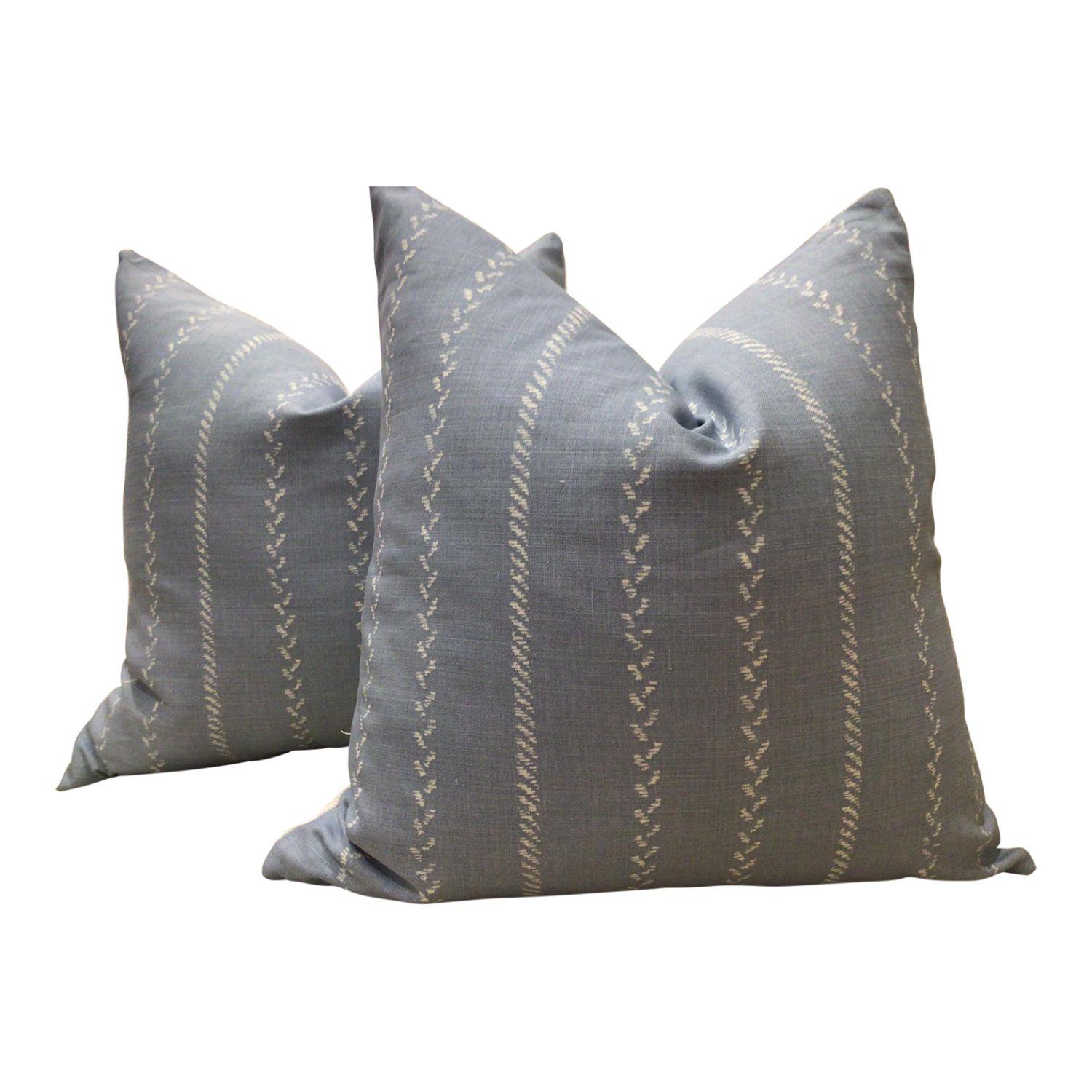 Lee Jofa “Pelham Stripe” in Soft Blue & White Pillows- a Pair For Sale