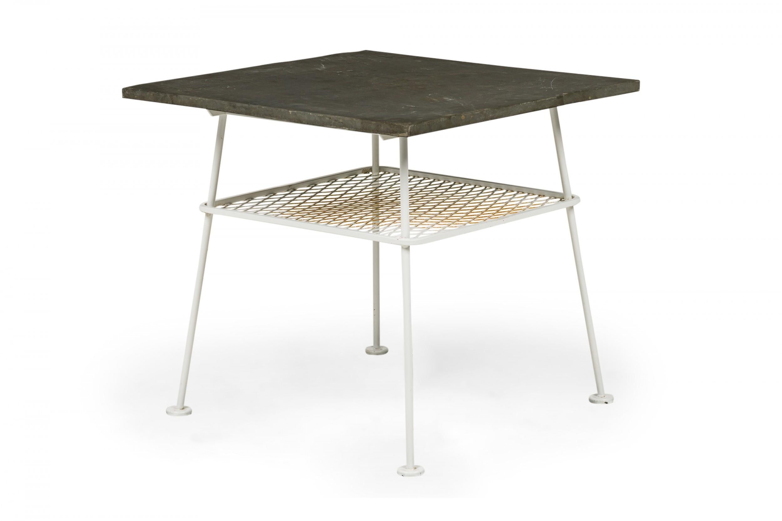American Lee L. Woodard Square White Metal Lamp Table with Mesh Shelf & Slate Top For Sale