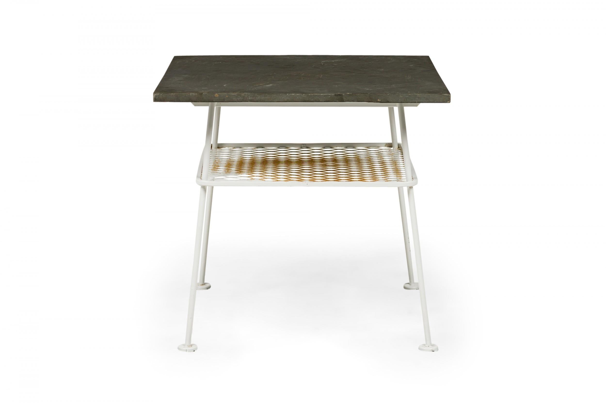 20th Century Lee L. Woodard Square White Metal Lamp Table with Mesh Shelf & Slate Top For Sale