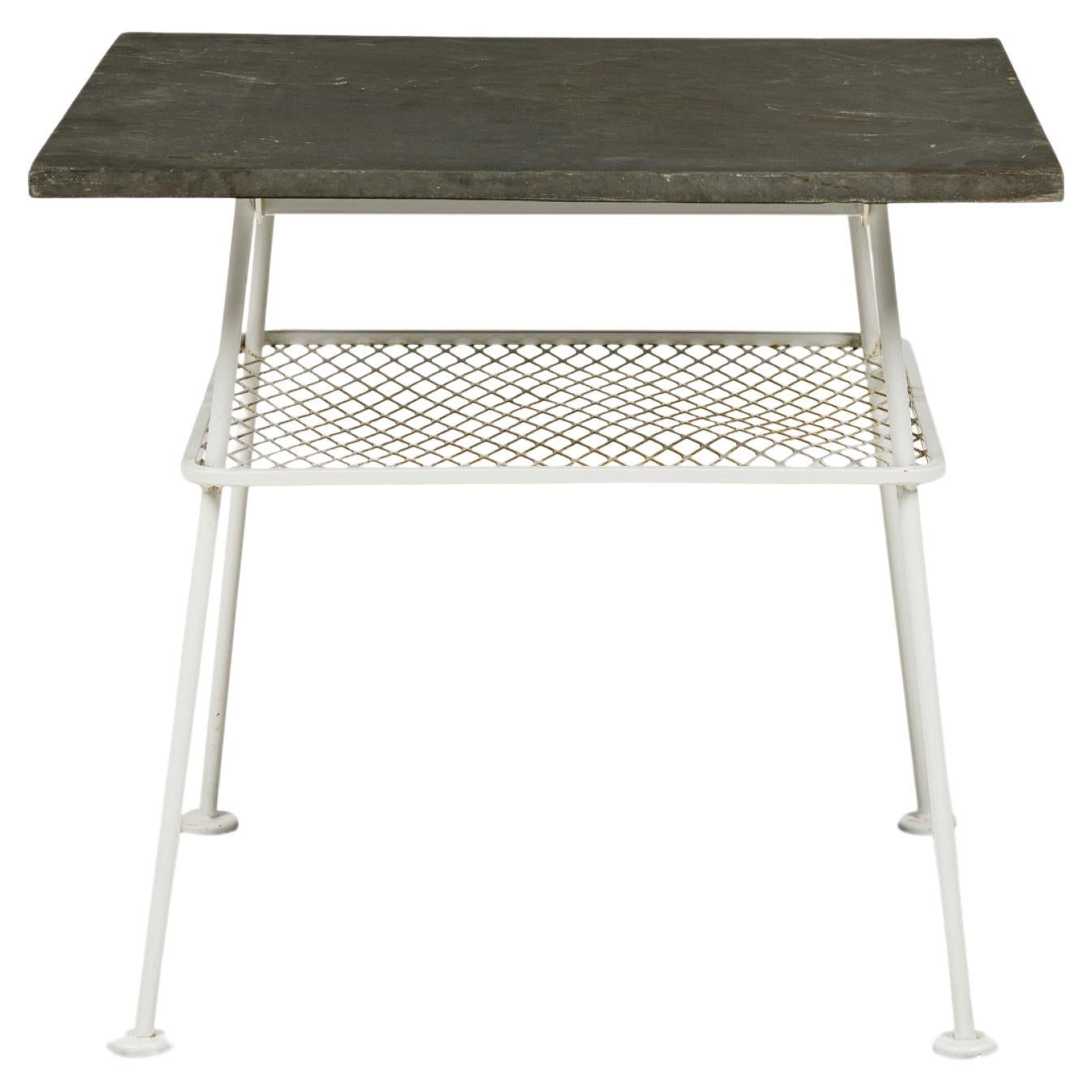 Lee L. Woodard Square White Metal Lamp Table with Mesh Shelf & Slate Top For Sale