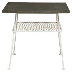 Lee L. Woodard Square White Metal Lamp Table with Mesh Shelf & Slate Top