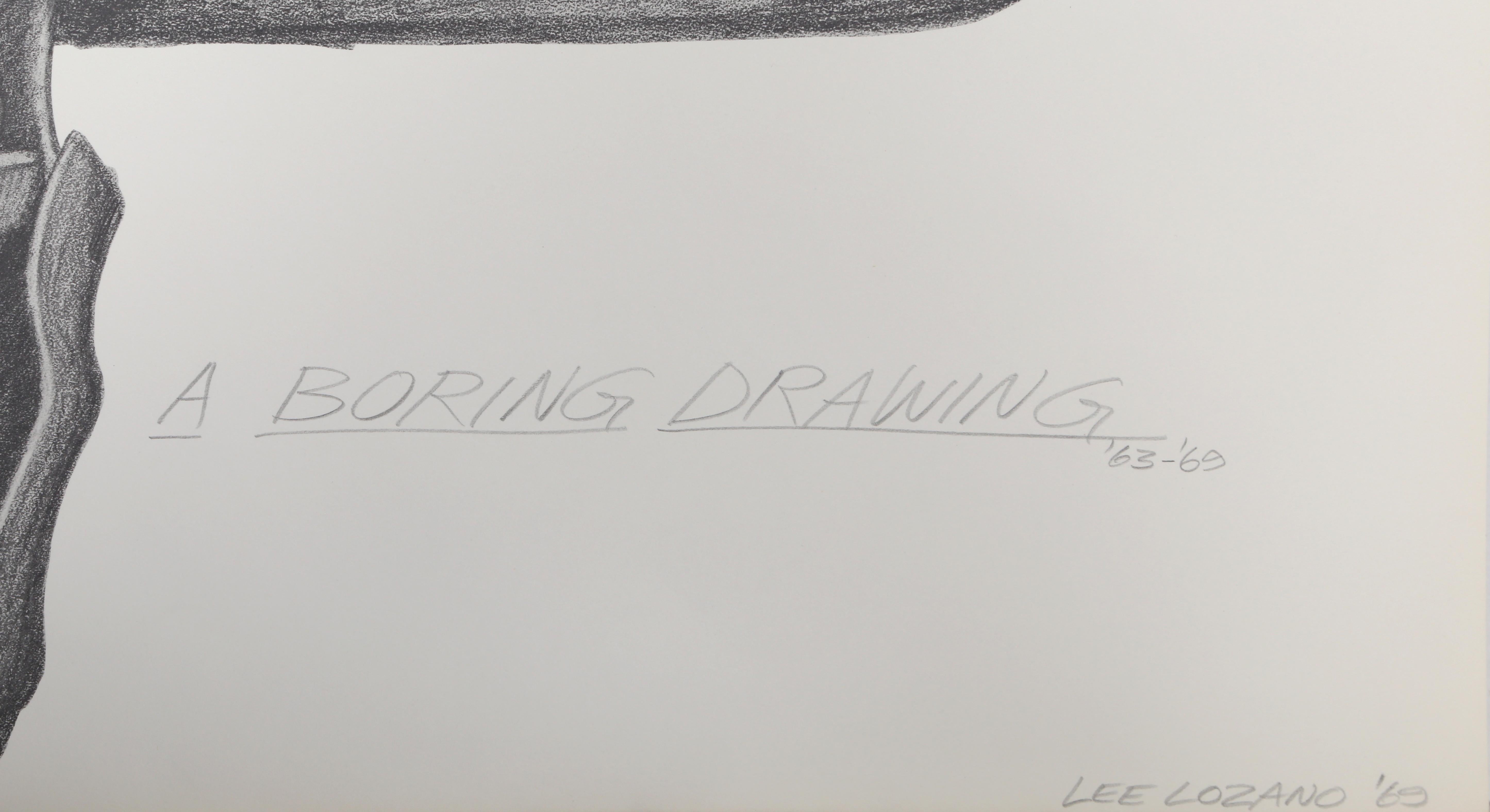 Artist: Lee Lozano, American (1930 - 1999)
Title: A Boring Drawing
Year: 1969
Medium: Photo-lithograph, signed, numbered, and dated in pencil 
Edition: 67/100
Size: 20 x 26 in. (50.8 x 66.04 cm)

Published by Tanglewood Press, Inc., New York