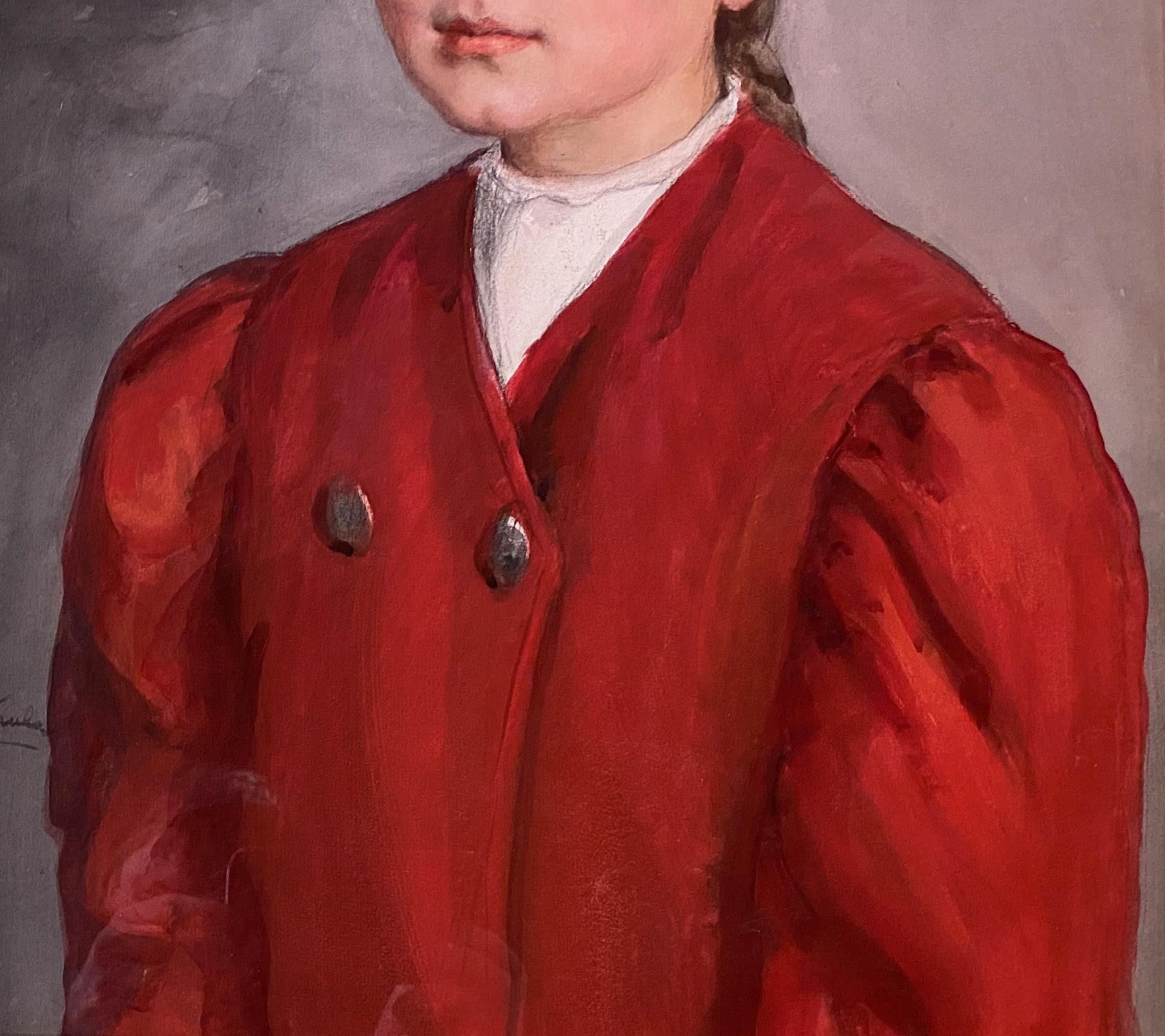 Ein schönes Aquarellporträt eines Mädchens mit rotem Hut und Kleid des amerikanischen Künstlers Lee Lufkin Kaula (1865-1957). Kaula wurde in Erie, PA, geboren und studierte bei Charles Melville Dewey in New York und Edmond Aman-Jean an der Academie