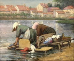 Étiquettes d'expositions imprimées FRANÇAISes impressionnistes Washerwoman Banks of Loing River