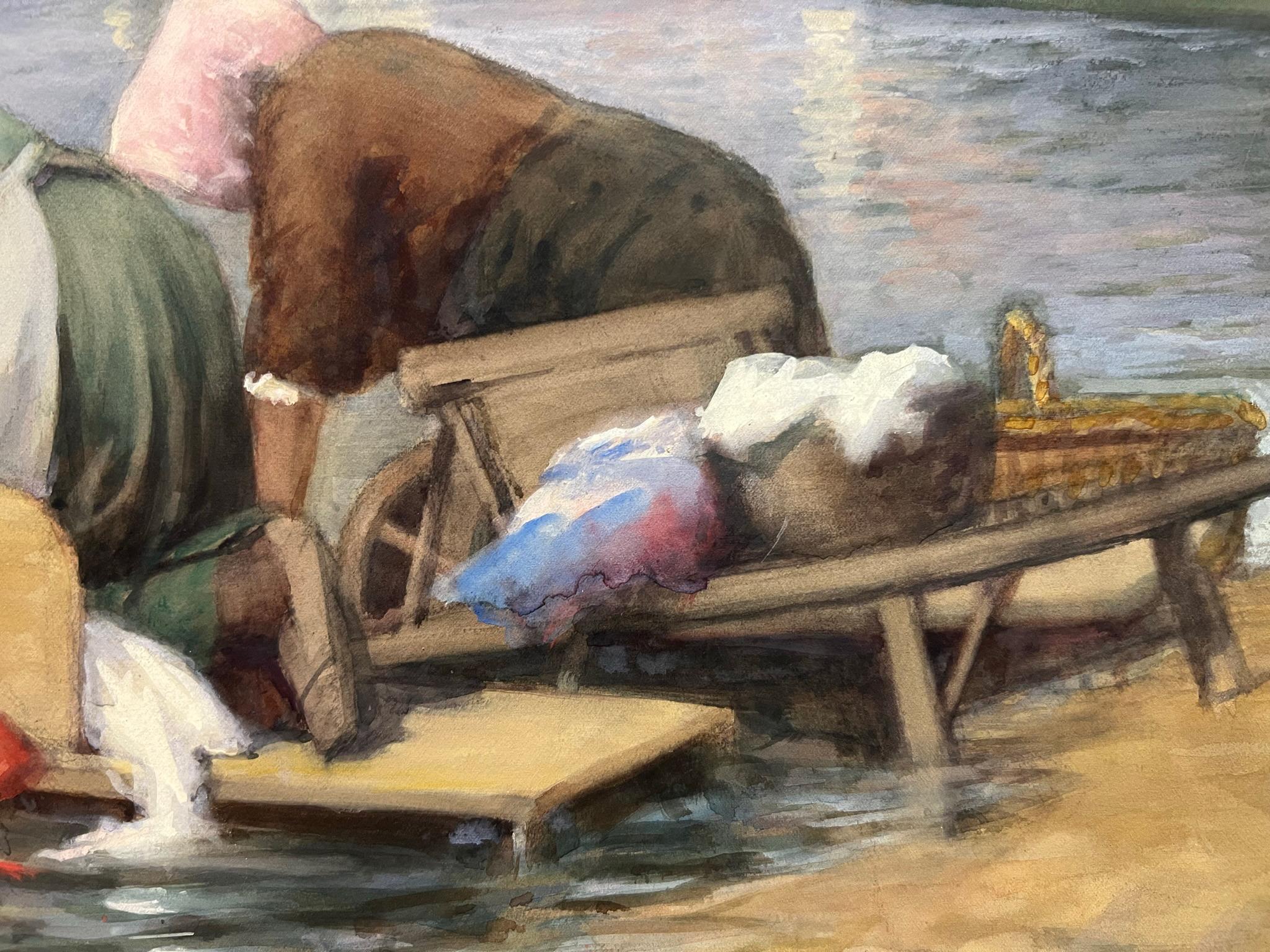 Multi-Exhibition Labels FRENCH IMPRESSIONIST Washerwoman Banks of Loing River - American Impressionist Mixed Media Art by Lee Lufkin Kaula