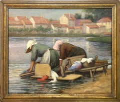 Antique Multi-Exhibition Labels FRENCH IMPRESSIONIST Washerwoman Banks of Loing River