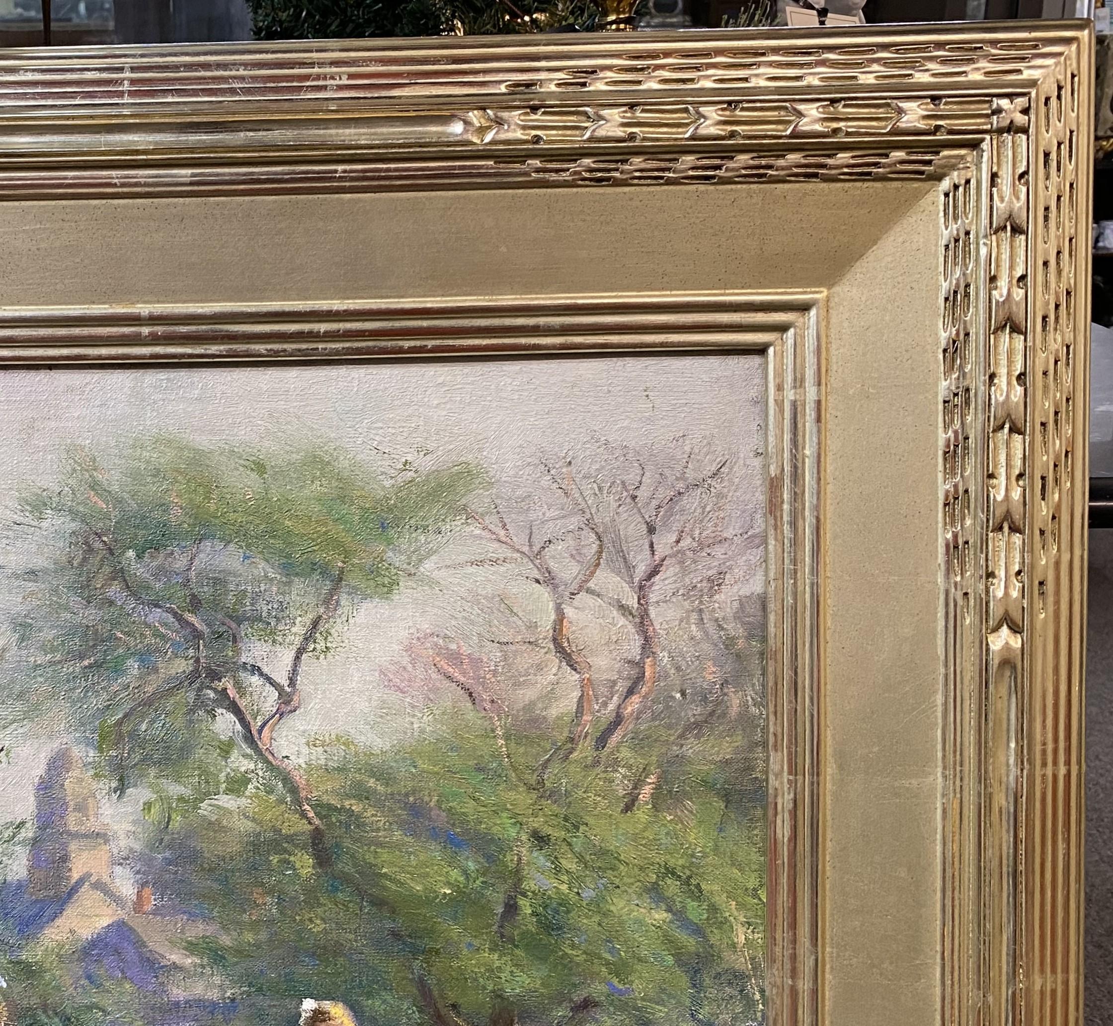 Maravilloso óleo impresionista de tres niñas y un carruaje de muñecas en el camino, obra del artista estadounidense Lee Lufkin Kaula (1865-1957). Kaula nació en Erie, Pensilvania, y estudió con Charles Melville Dewey en Nueva York y con Edmond