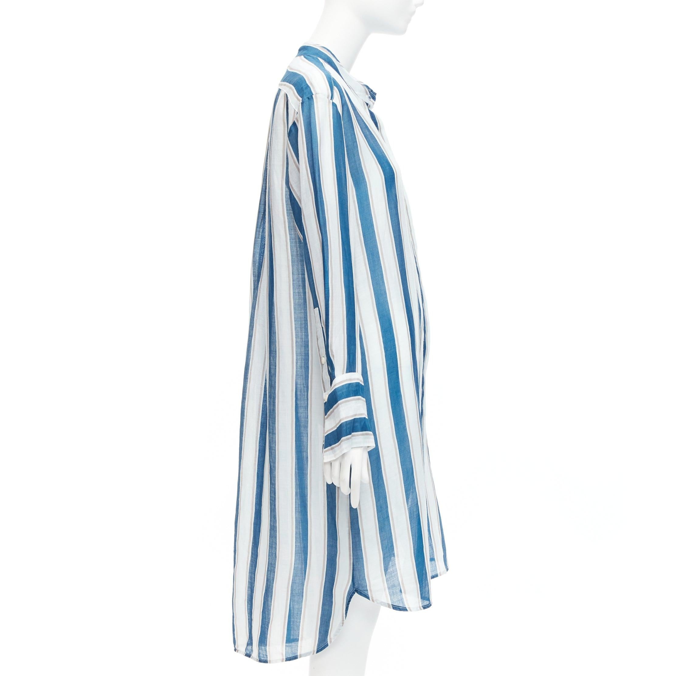Women's LEE MATHEWS blue grey stripe 100% linen high low hem casual shirt dress US0 XS For Sale