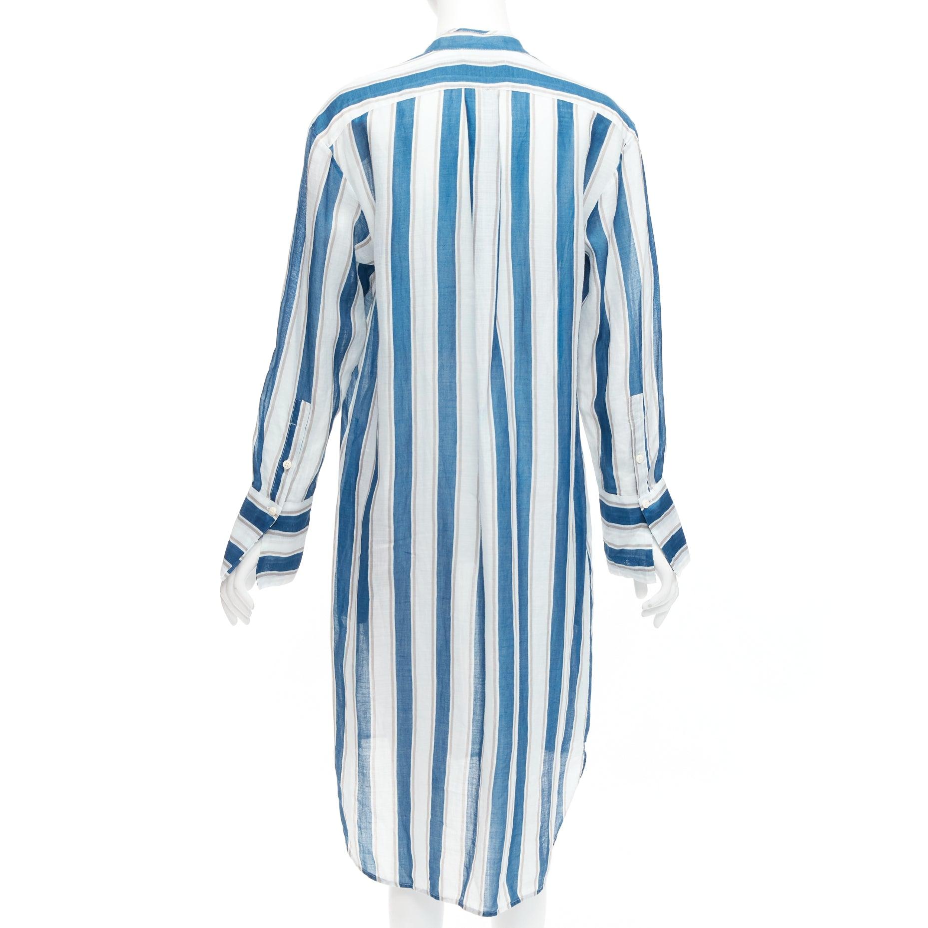 LEE MATHEWS blue grey stripe 100% linen high low hem casual shirt dress US0 XS For Sale 1