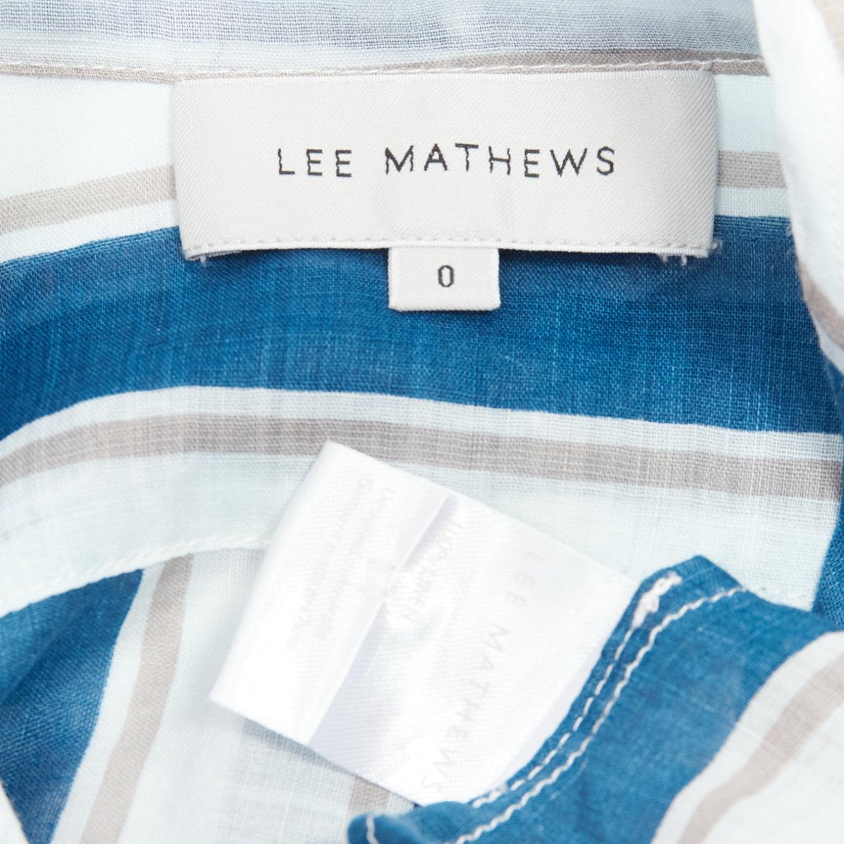 LEE MATHEWS blue grey stripe 100% linen high low hem casual shirt dress US0 XS For Sale 4