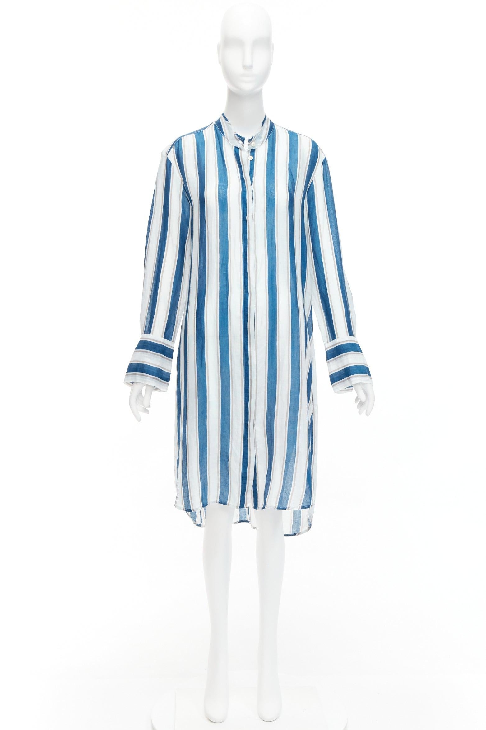 LEE MATHEWS blue grey stripe 100% linen high low hem casual shirt dress US0 XS For Sale 5