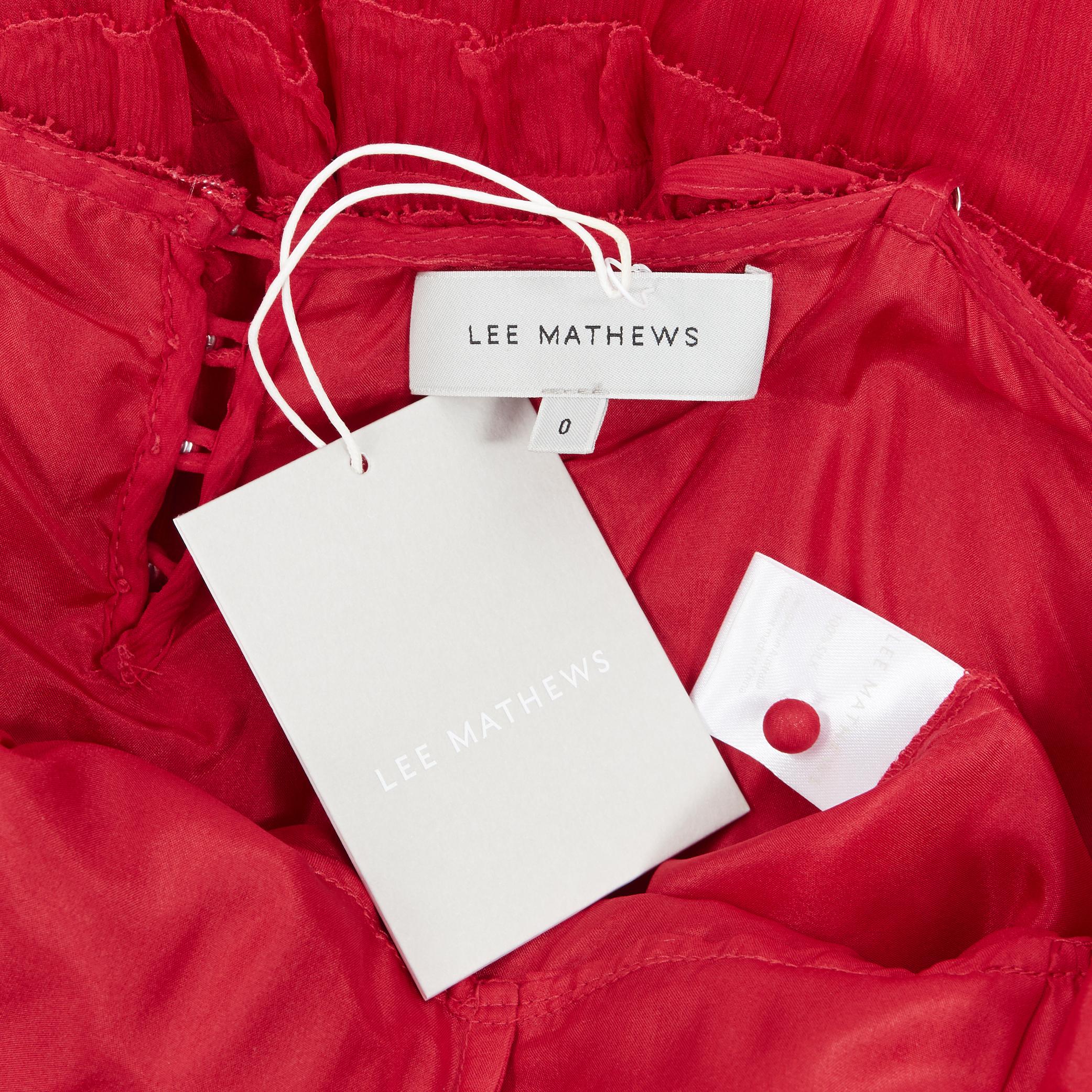 LEE MATTHEWS Eliza  100% silk crepe red V-neck ruffle tiered maxi dress US0 XS 3