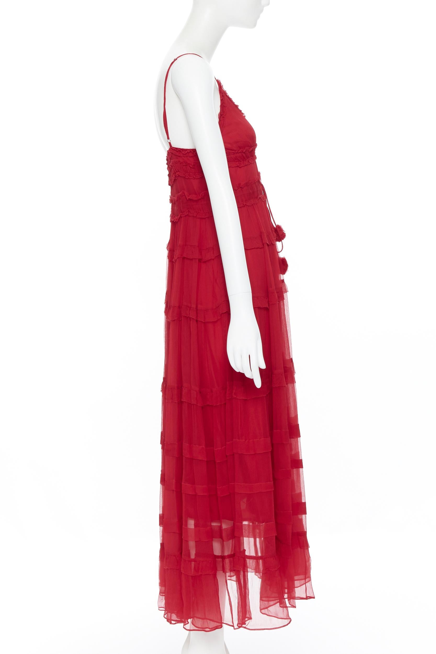 Red LEE MATTHEWS Eliza  100% silk crepe red V-neck ruffle tiered maxi dress US0 XS