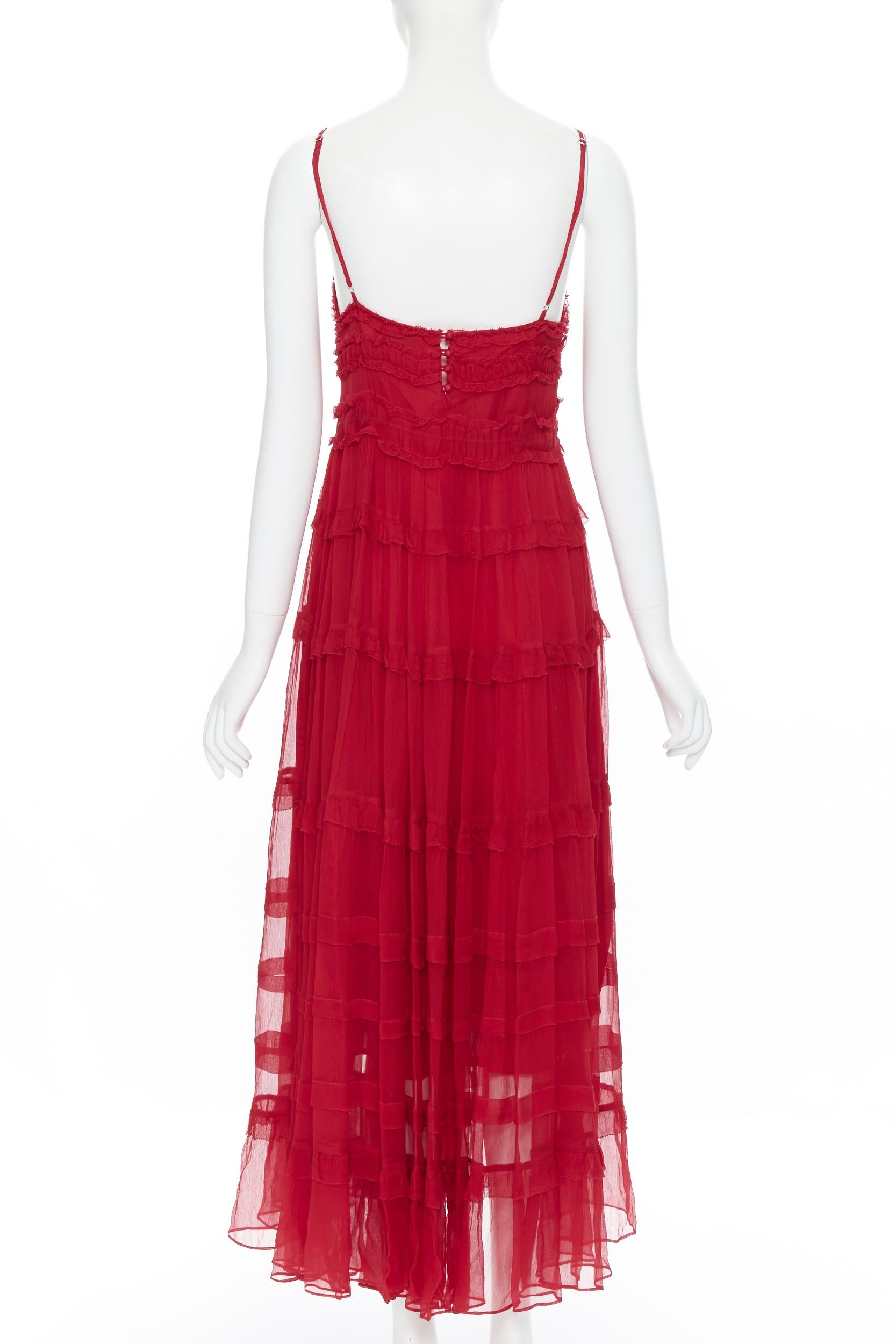 LEE MATTHEWS Eliza  100% silk crepe red V-neck ruffle tiered maxi dress US0 XS In New Condition In Hong Kong, NT